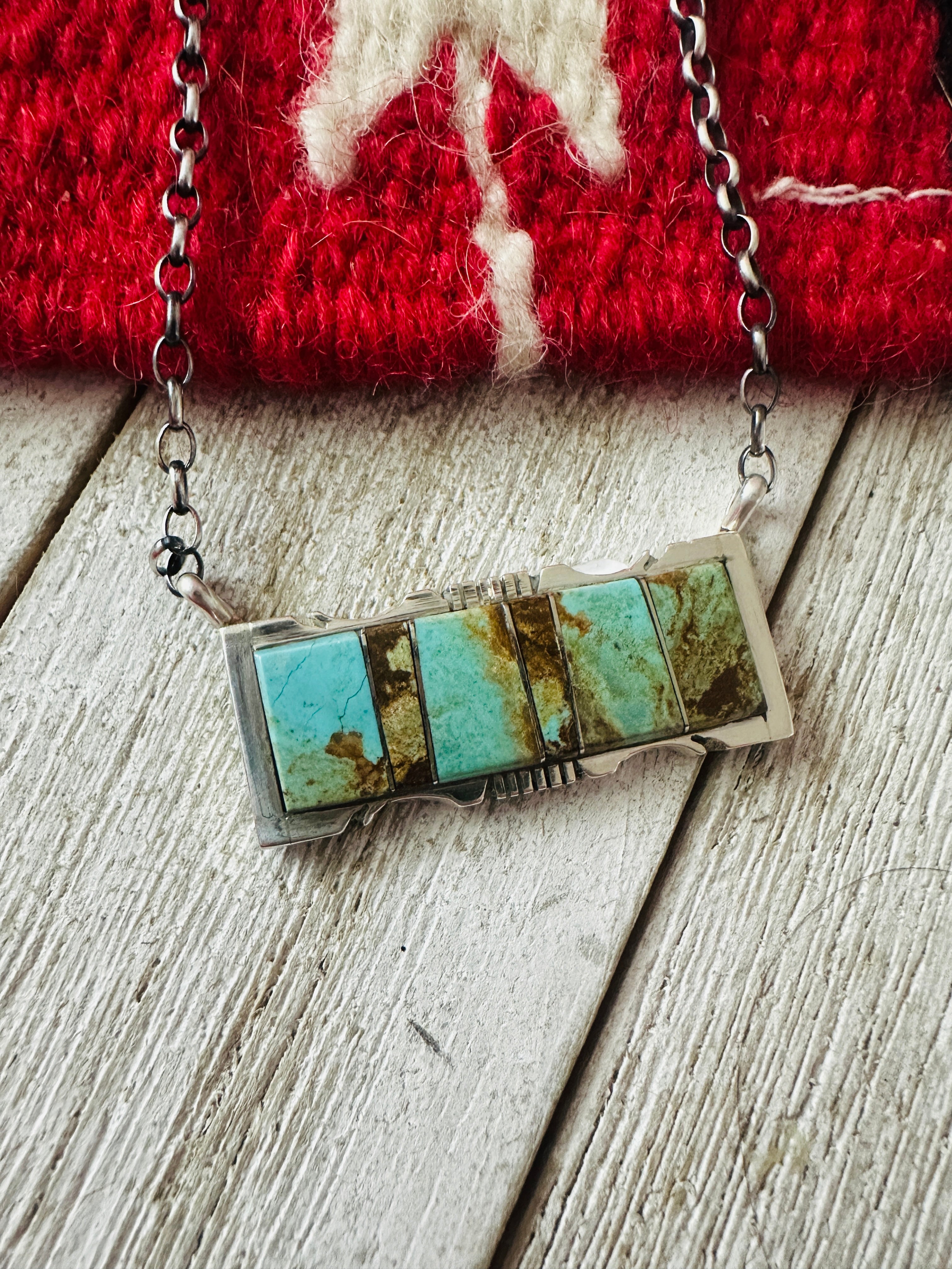 Navajo Turquoise & Sterling Silver Inlay Bar Necklace