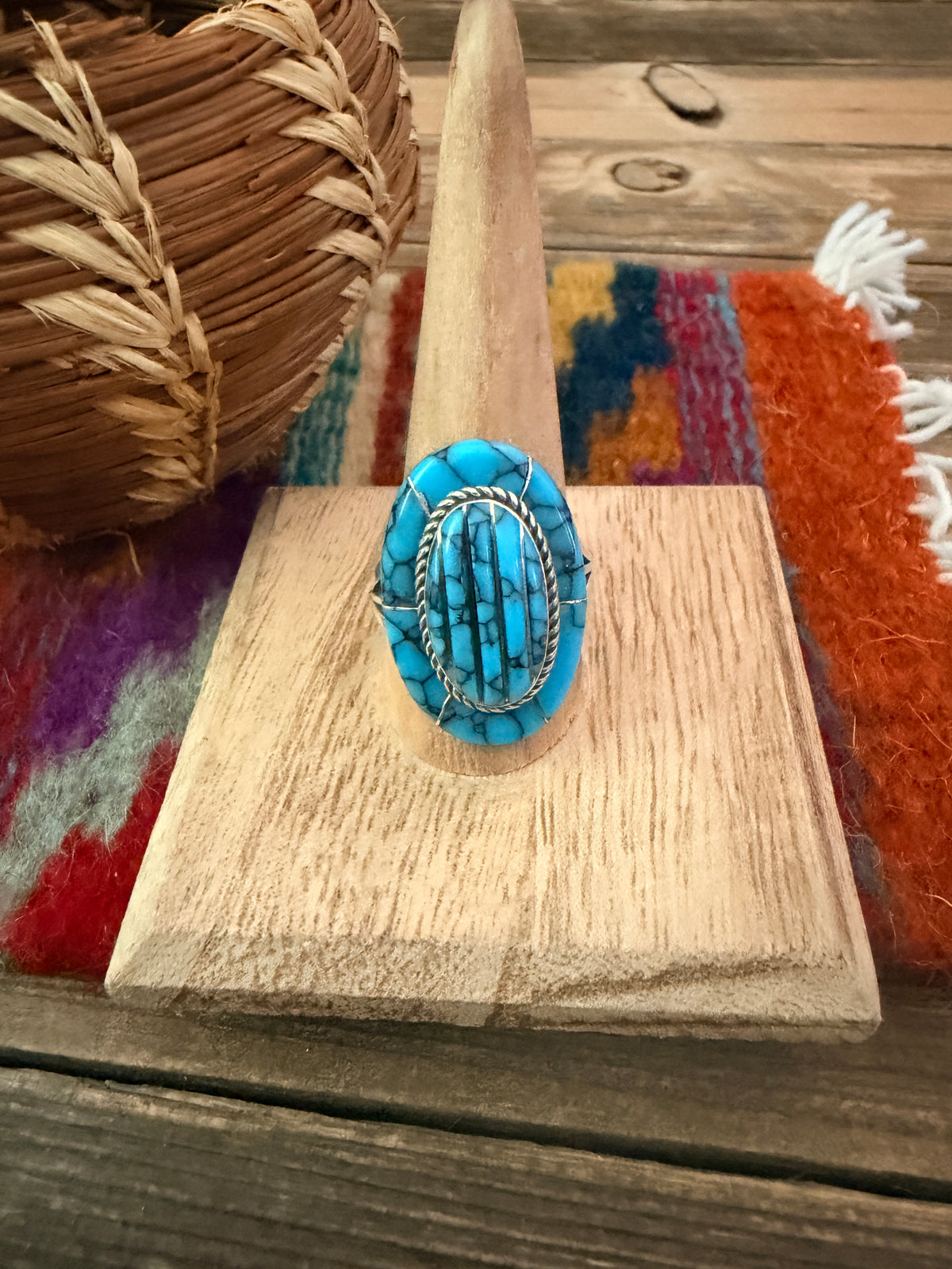 Old Pawn Handcrafted Turquoise & Sterling Silver Inlay Ring Size 11