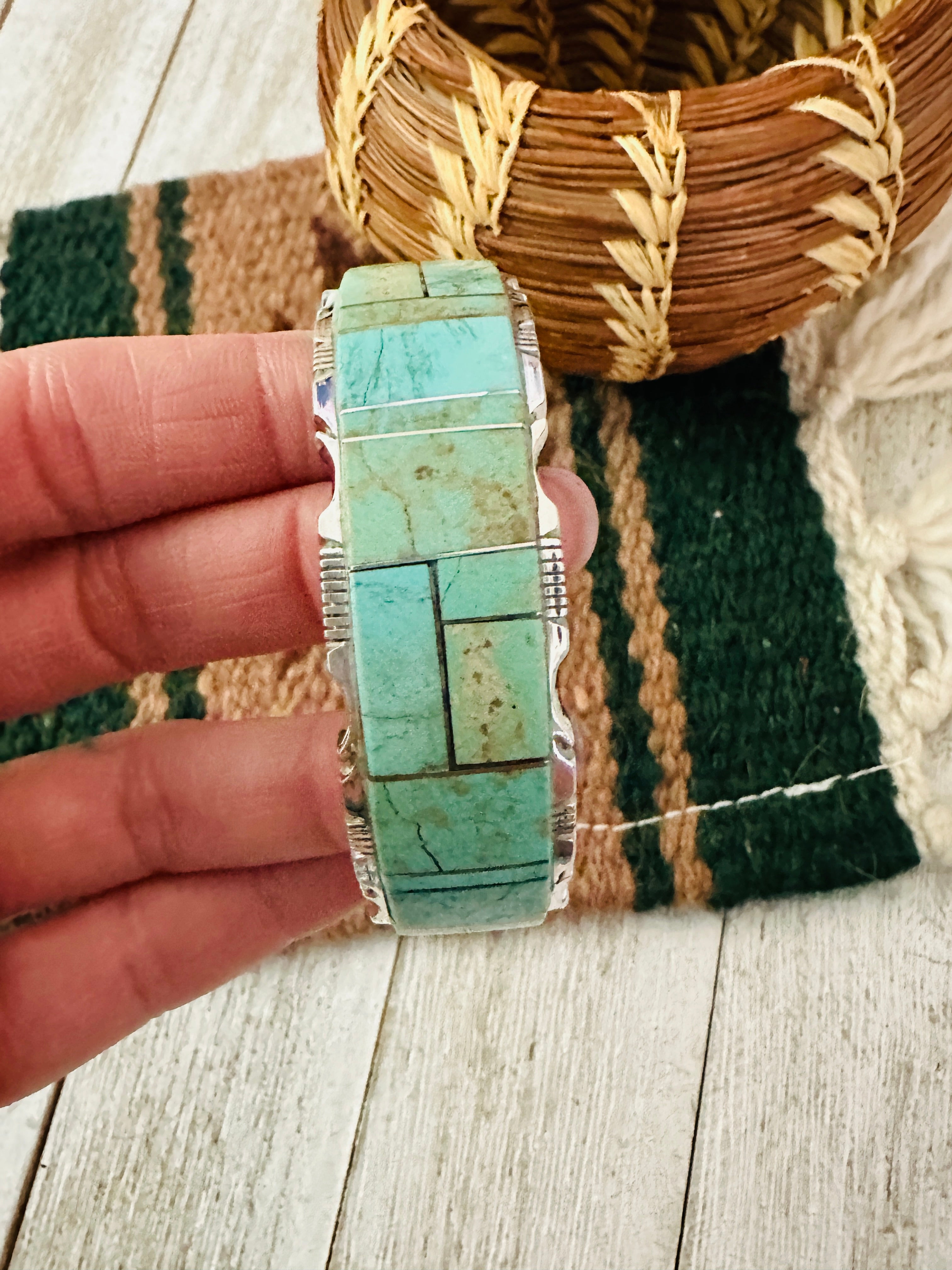 Navajo Turquoise & Sterling Silver Inlay Cuff Bracelet