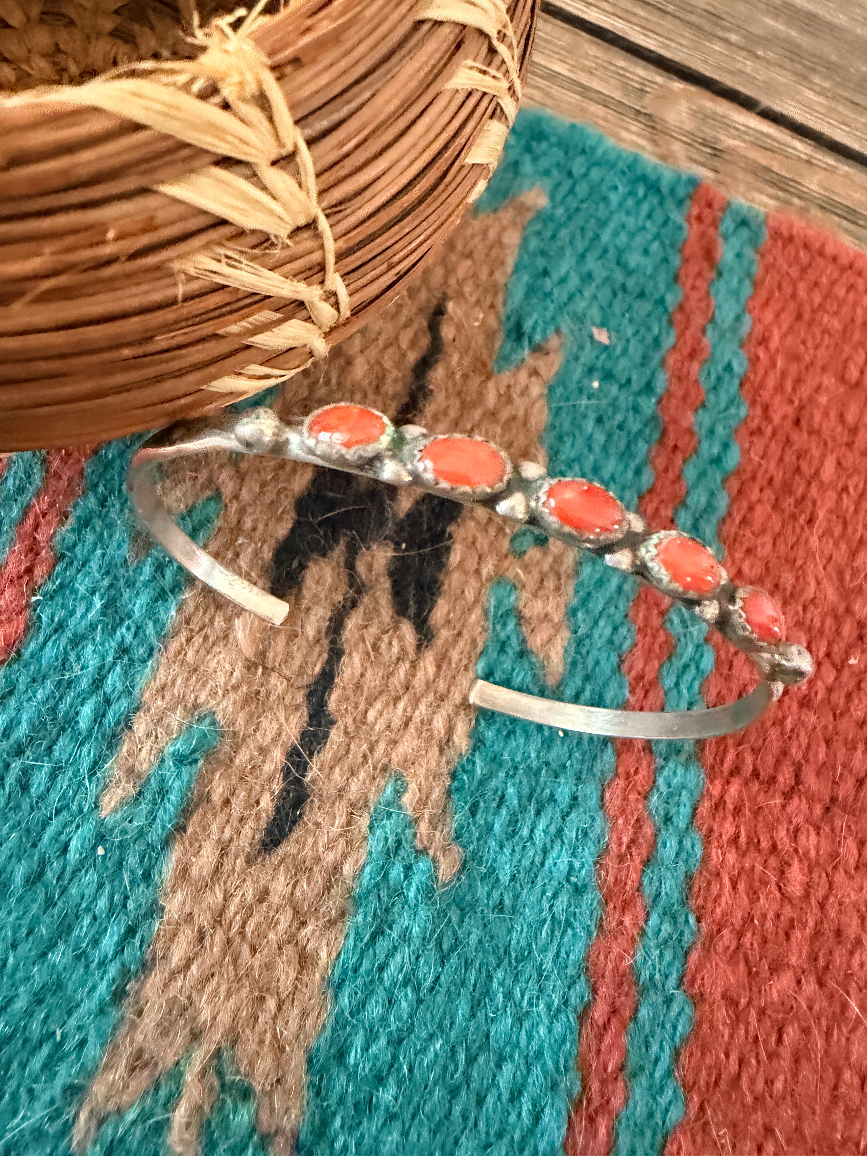 Handcrafted Old Pawn Sterling Silver & Coral Cuff Bracelet