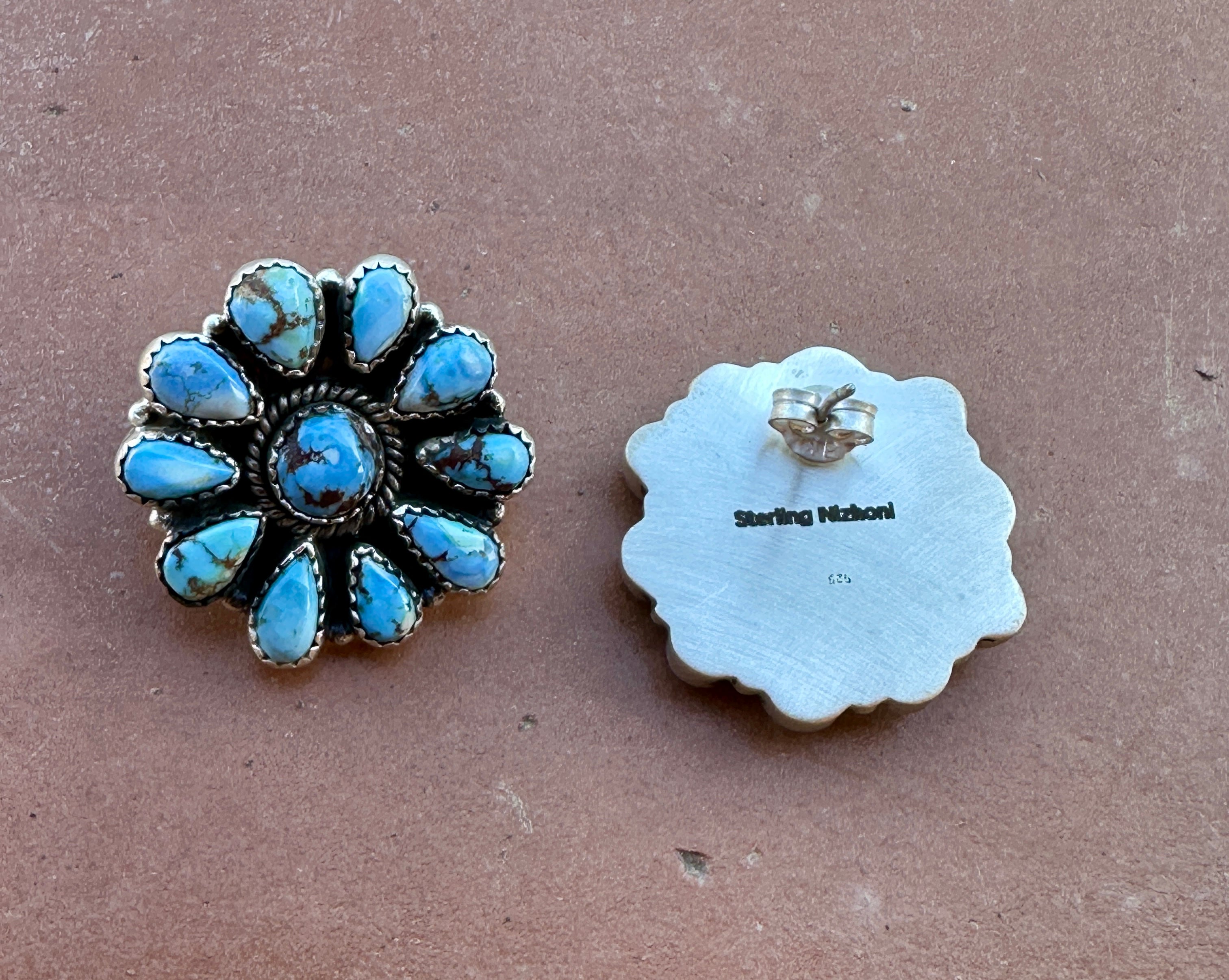 Handmade Golden Hills Turquoise & Sterling Silver Cluster Post Earrings 10 Stone