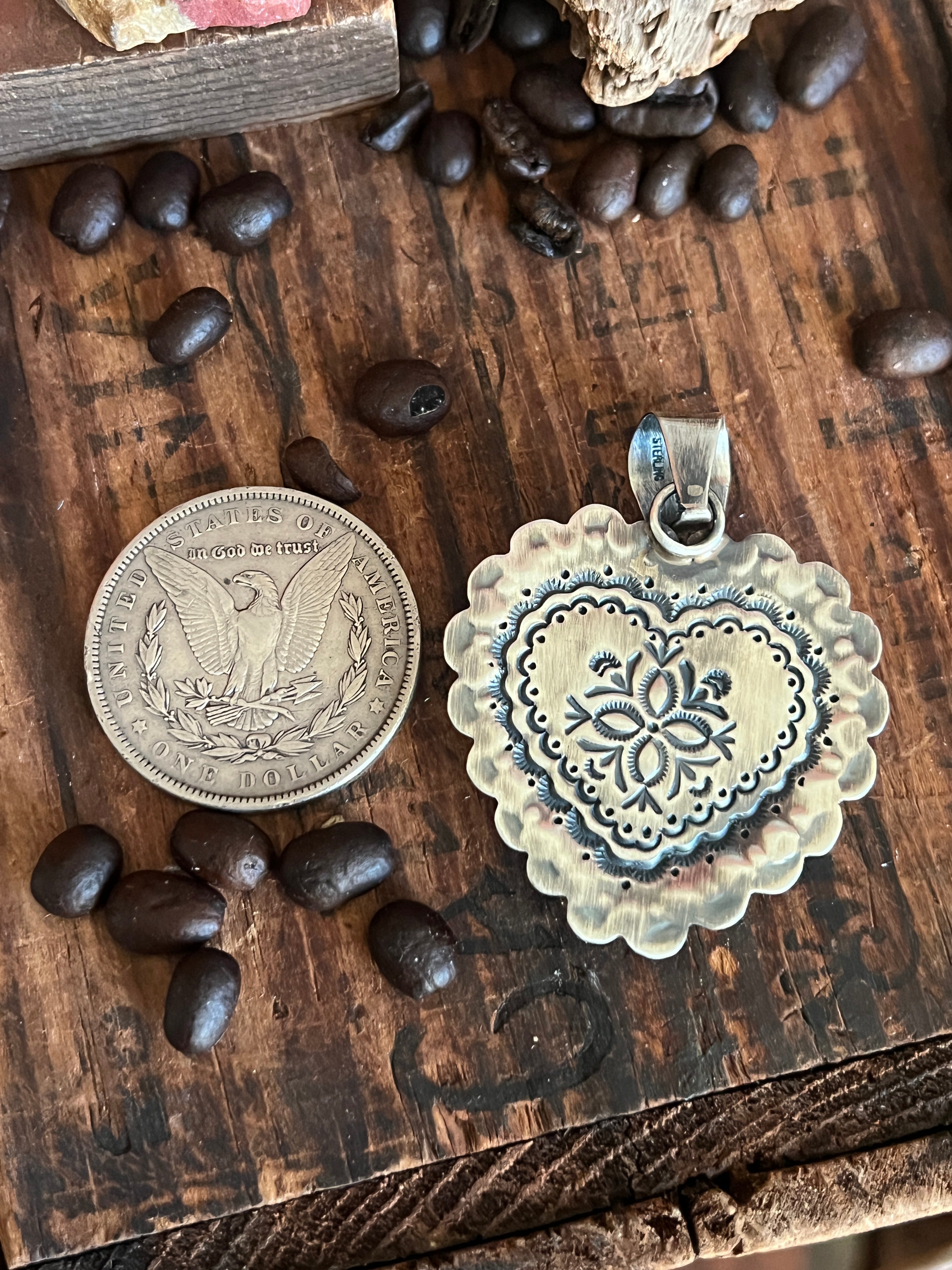 Hand Stamped Sterling Silver & Kingman Turquoise Heart Pendant by June