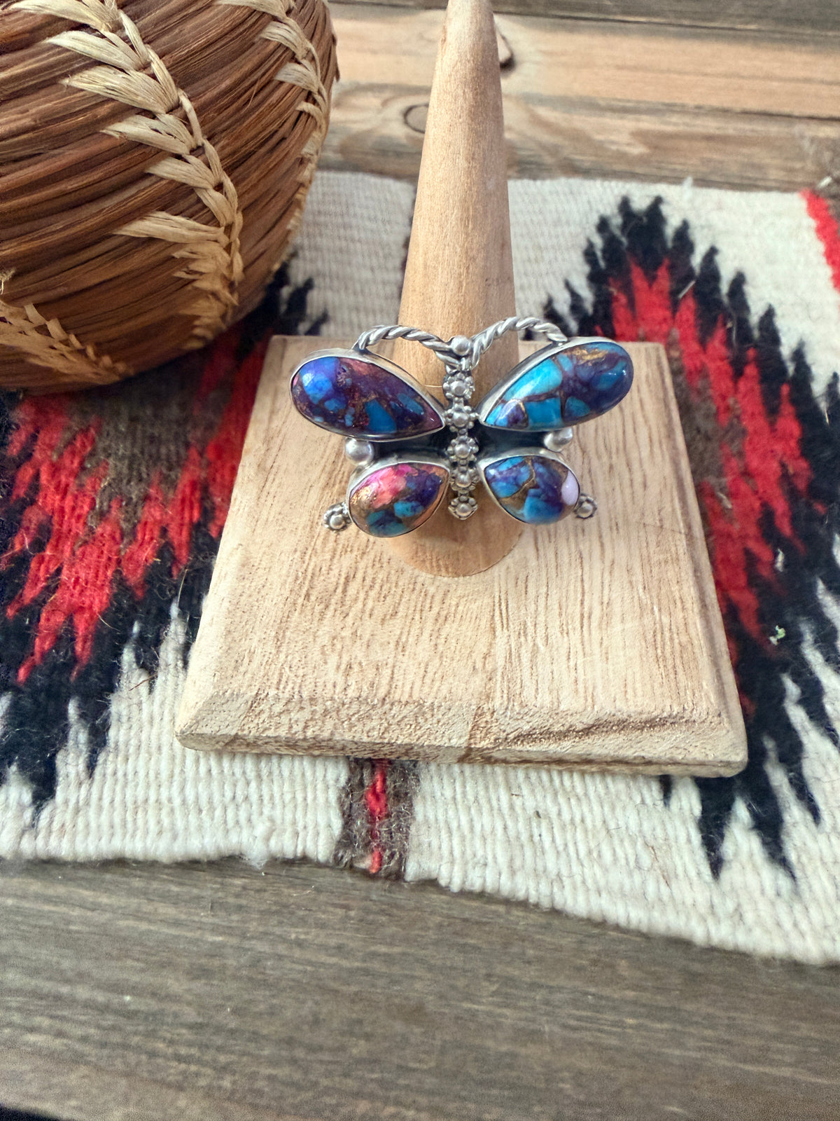 Handcrafted Pink Dream Mojave & Sterling Silver Adjustable Butterfly Ring