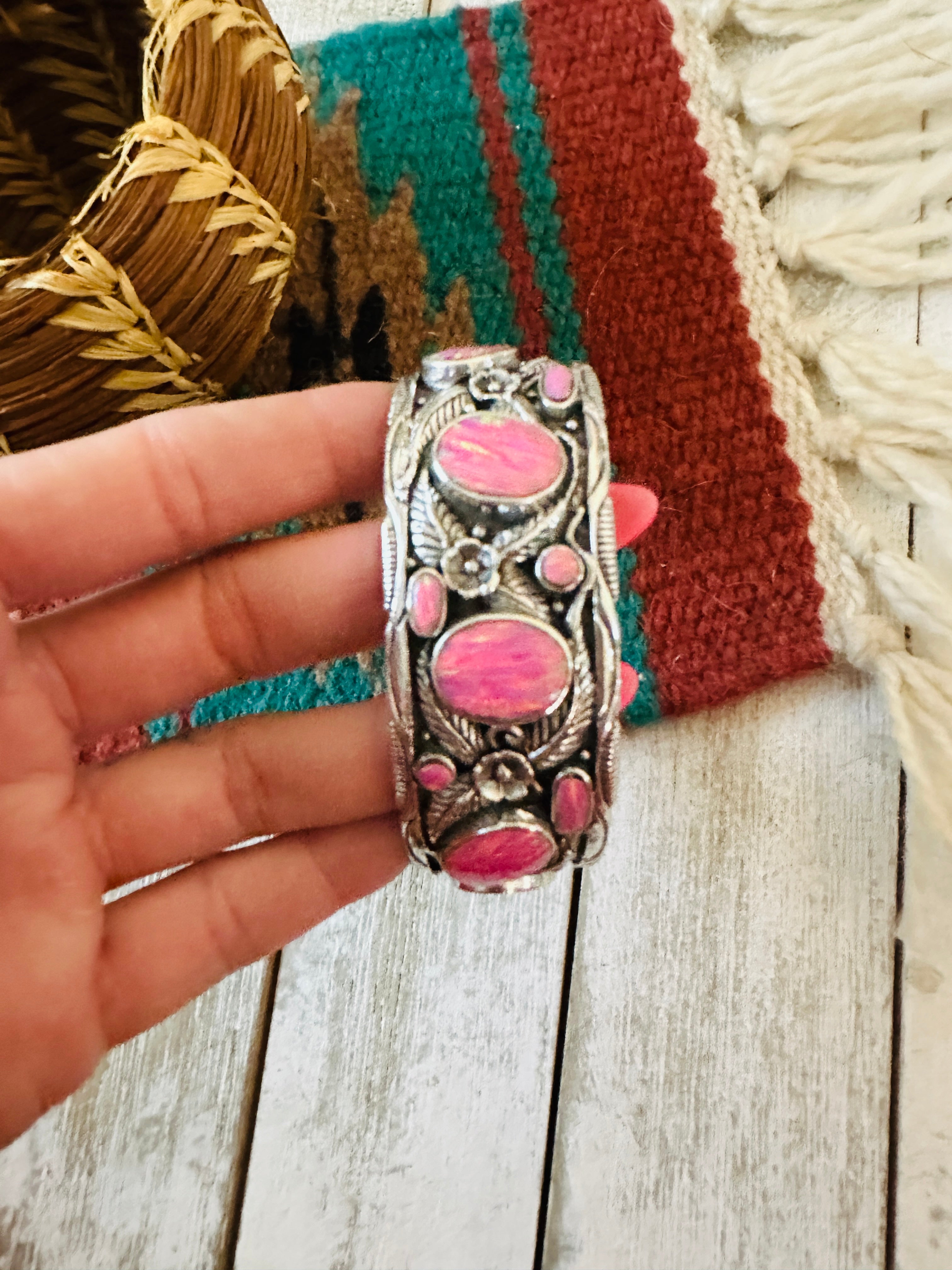 Handmade Sterling Silver Synthetic Opal Cuff Bracelet with Signed Nizhoni