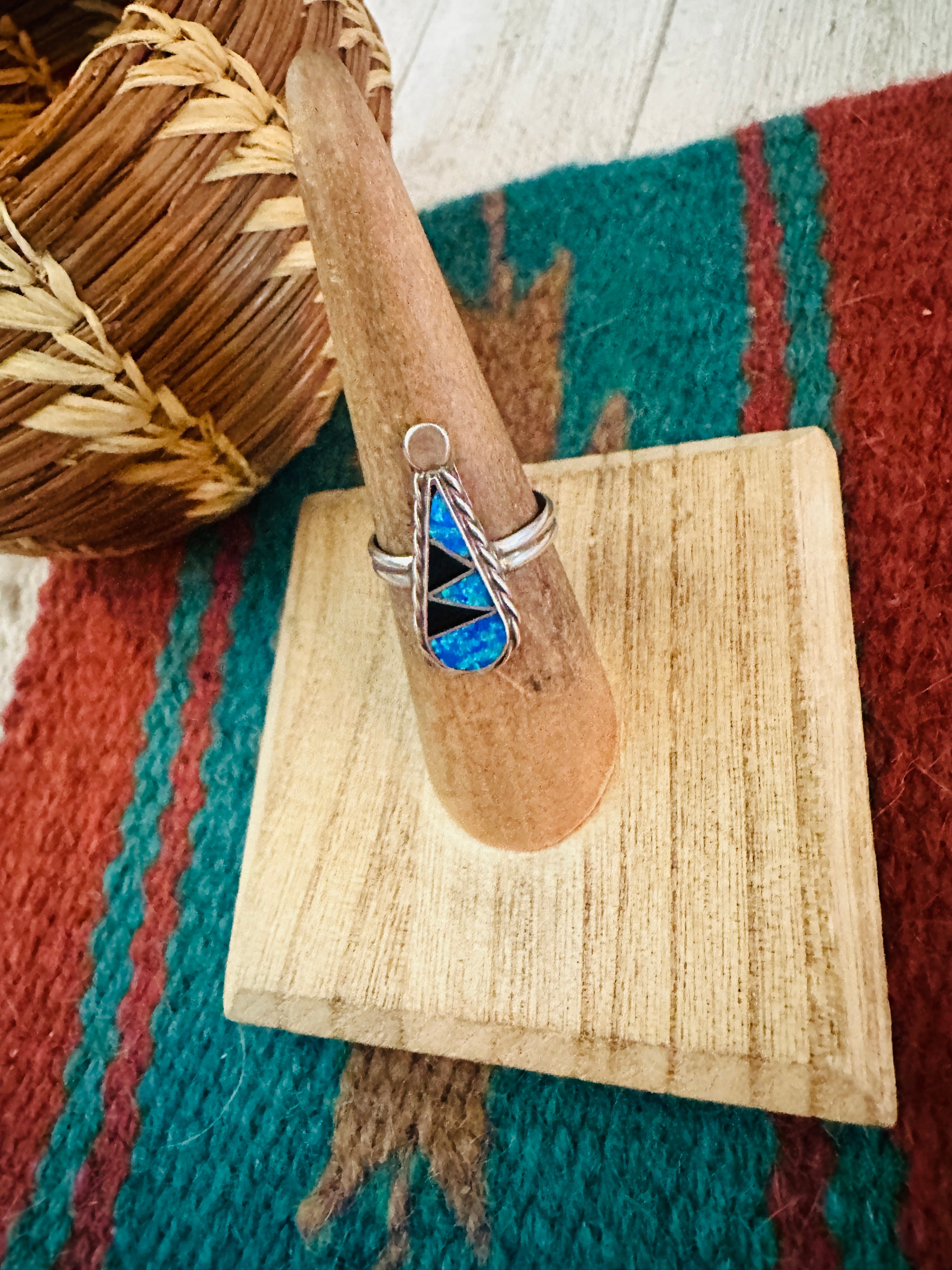 Navajo Sterling Silver, Opal & Onyx Inlay Ring