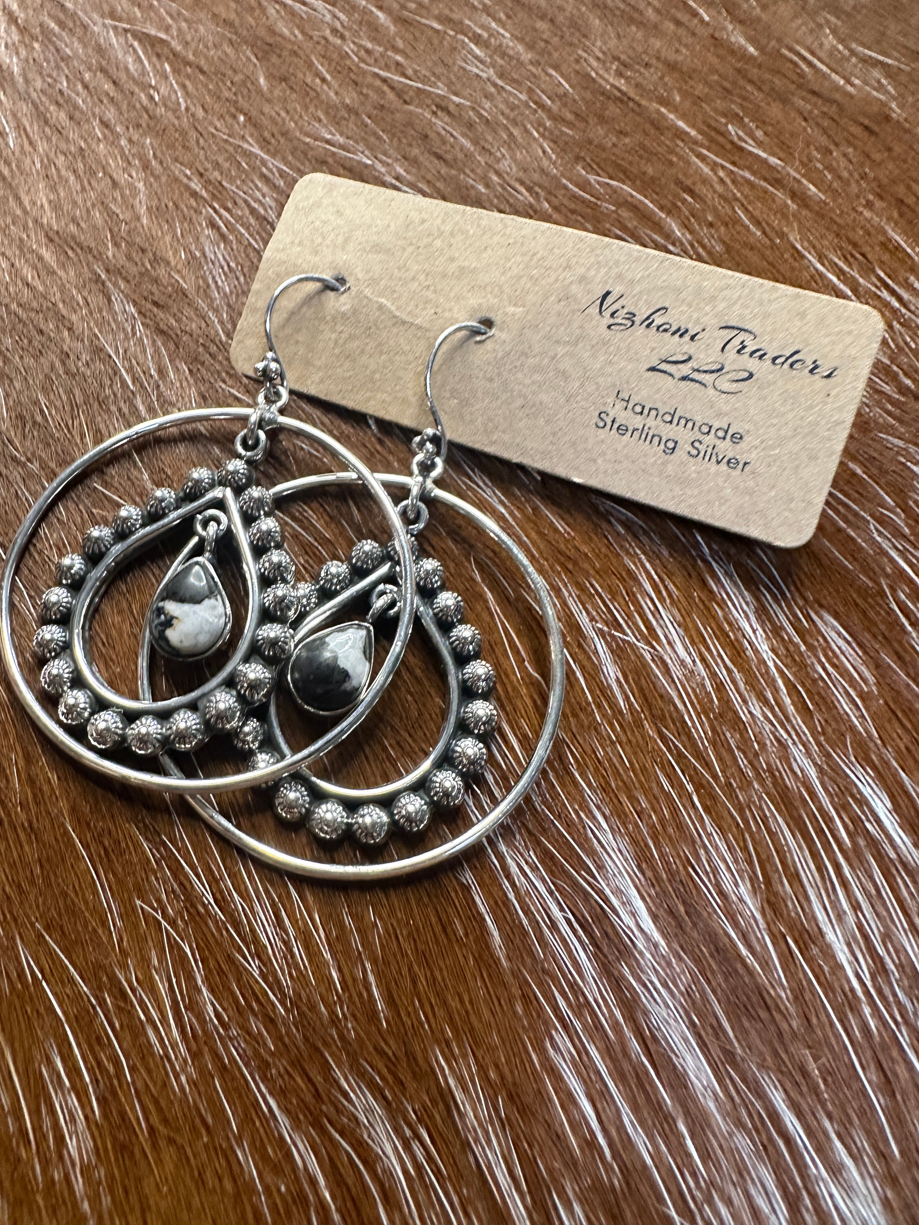 Handmade Sterling Silver Ball & White Buffalo Hoop Earrings