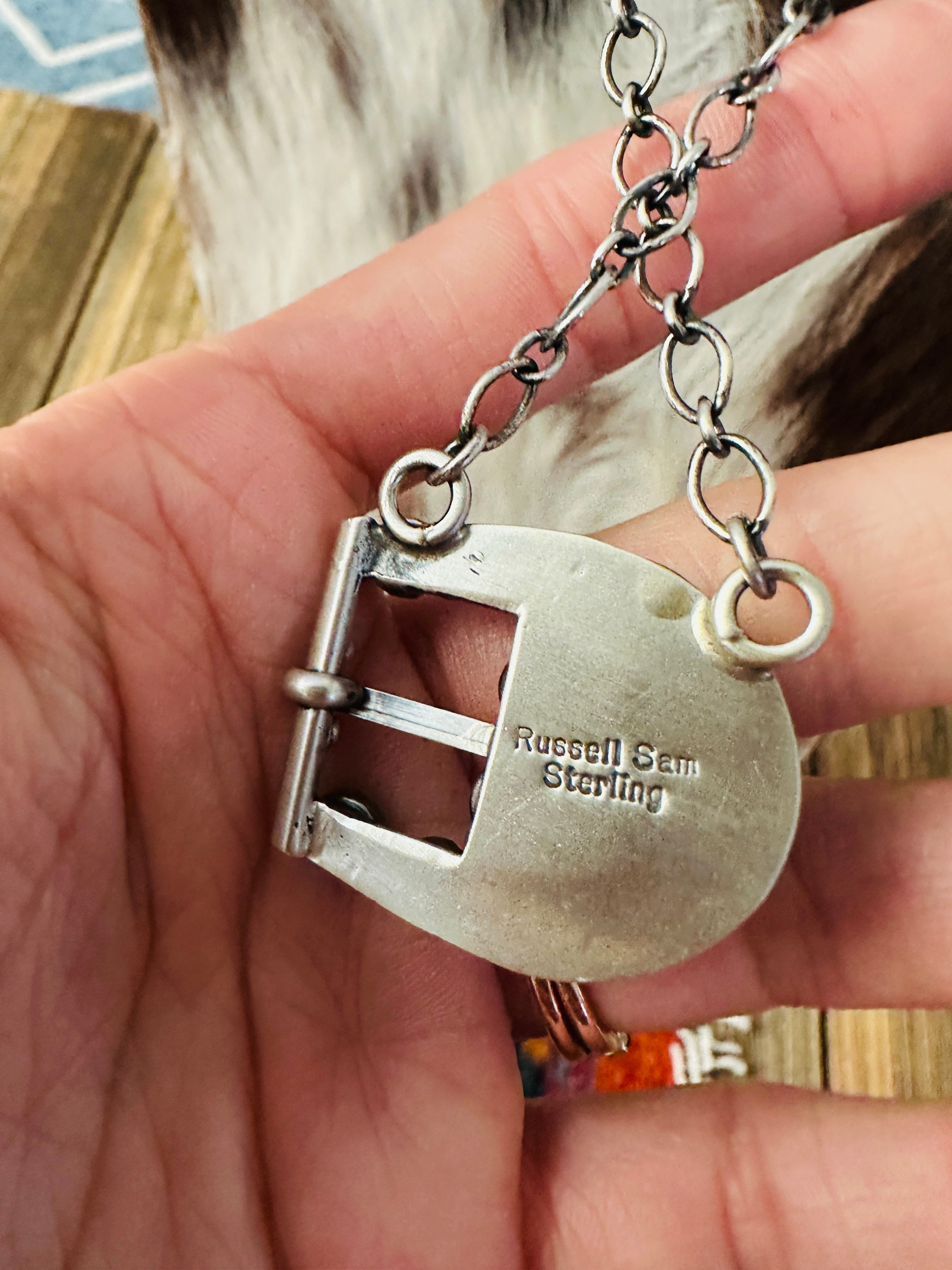 Handcrafted Turquoise & Sterling Silver Belt Buckle Necklace by Russell Sam