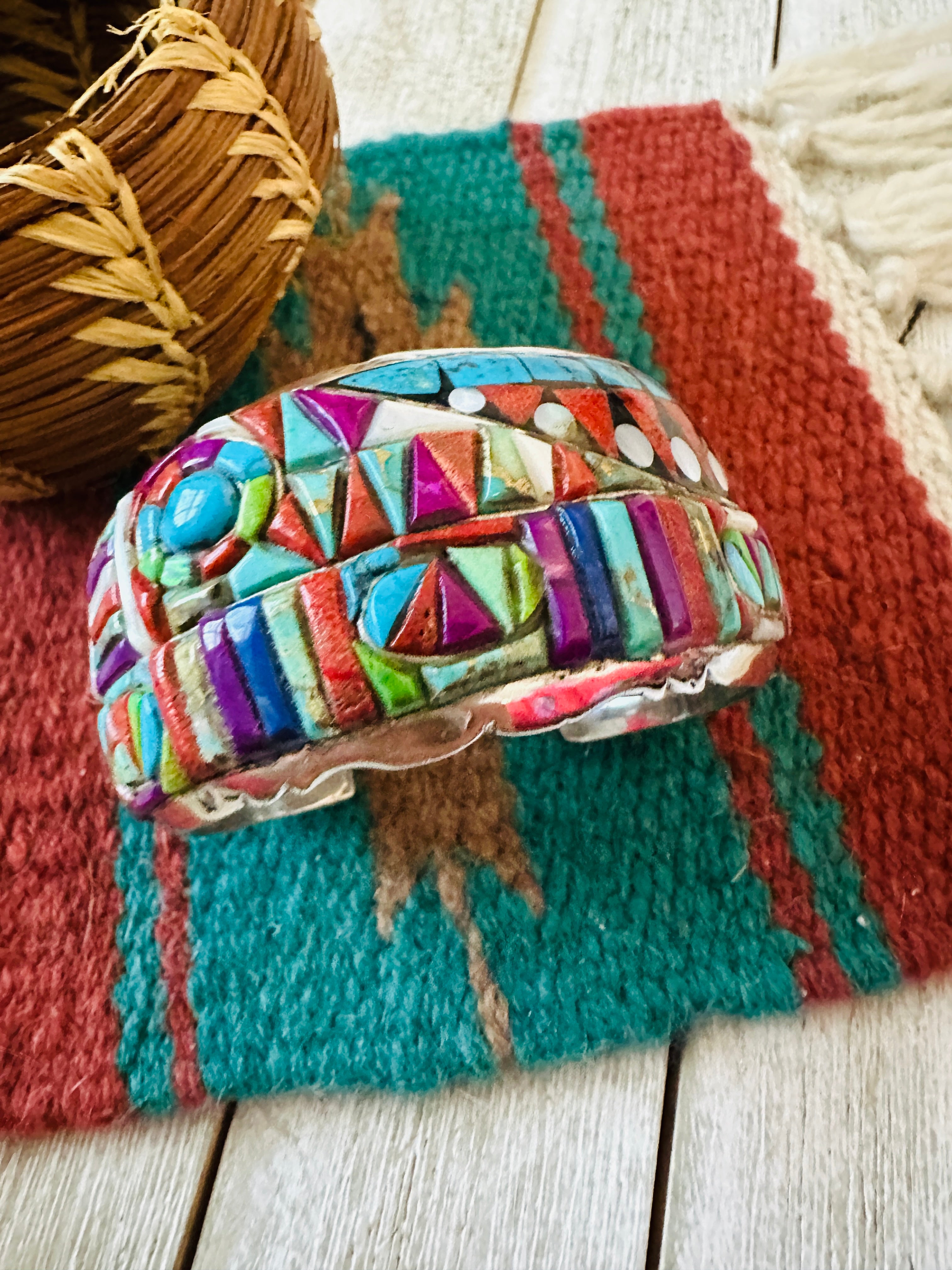 Handmade Sterling Silver Multi Stone Inlay Cuff