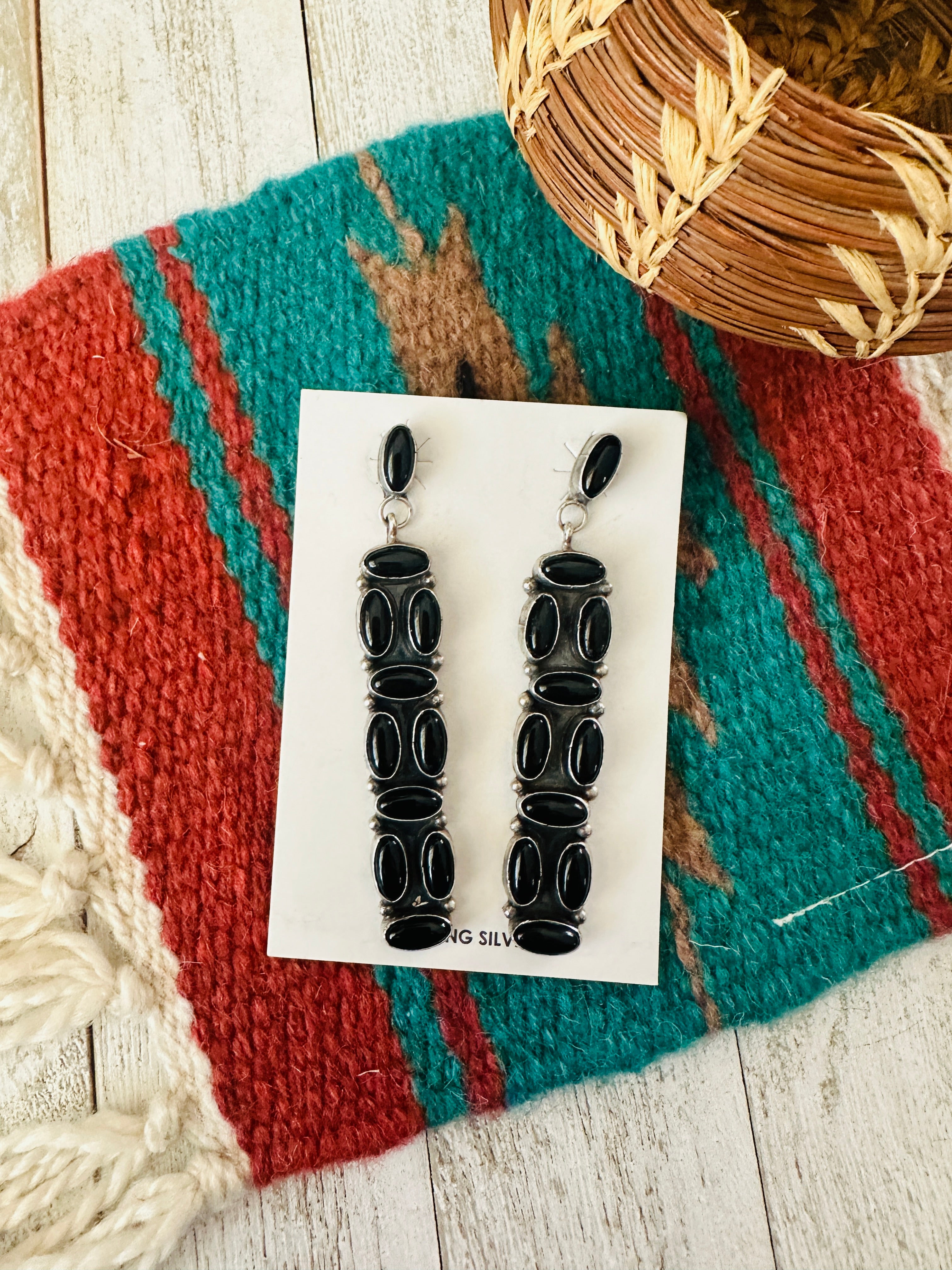 Navajo Black Onyx & Sterling Silver Dangle Earrings by Jacqueline Silver