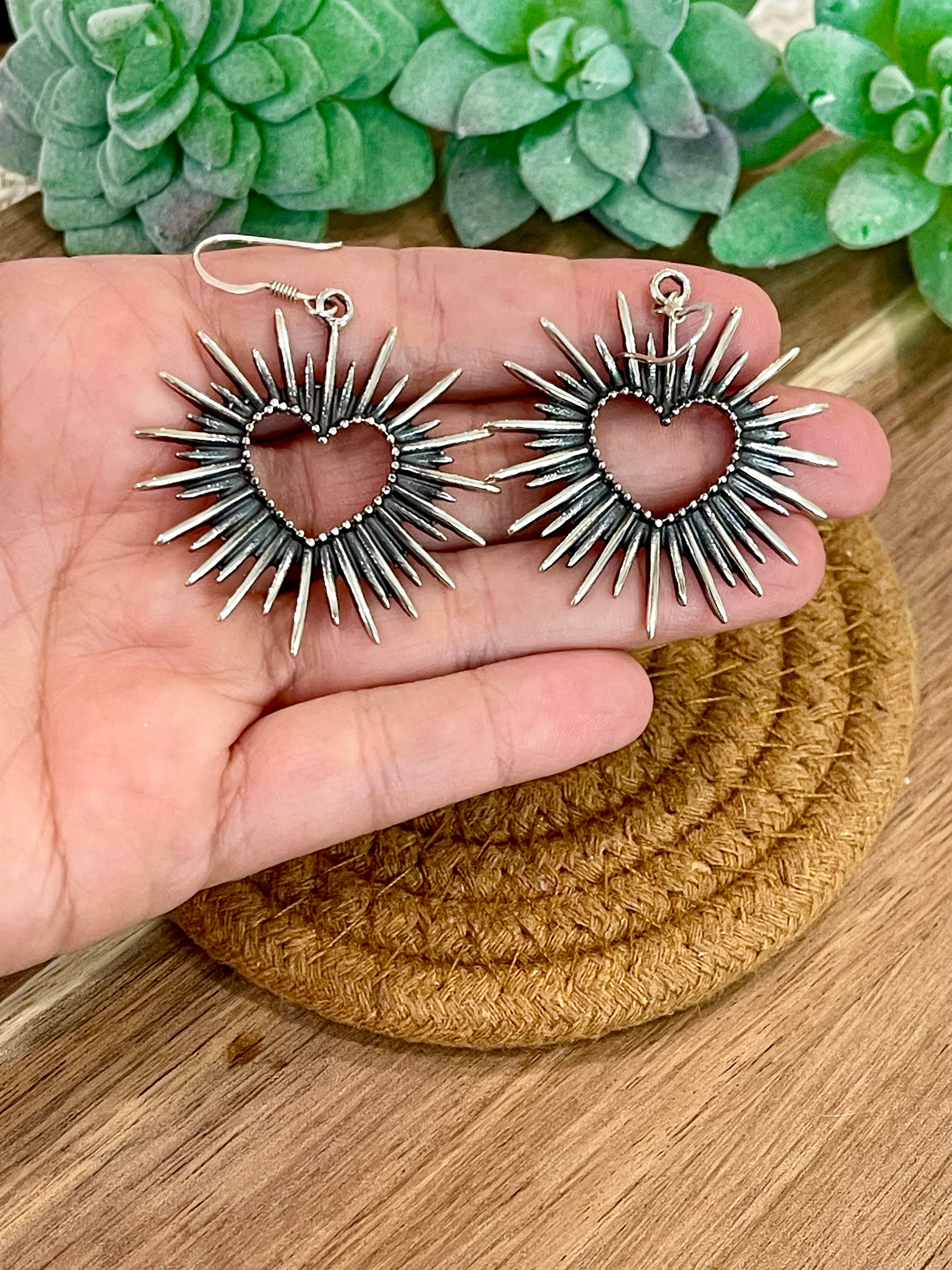 Handmade In Mexico Sterling Silver , Heart Dangle Earrings