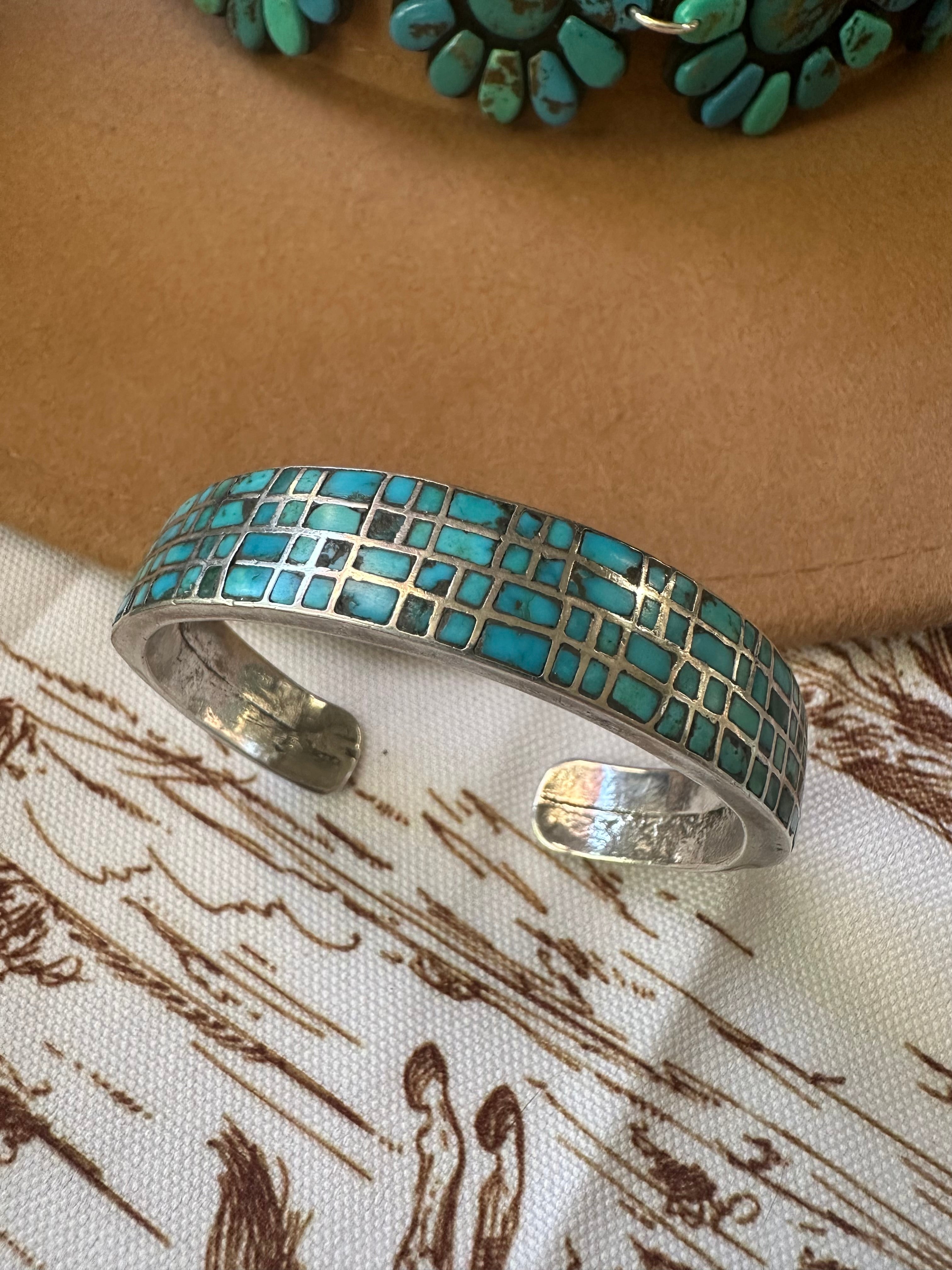 Navajo Natural Number 8 Turquoise & Sterling Silver Inlay Cuff Bracelet