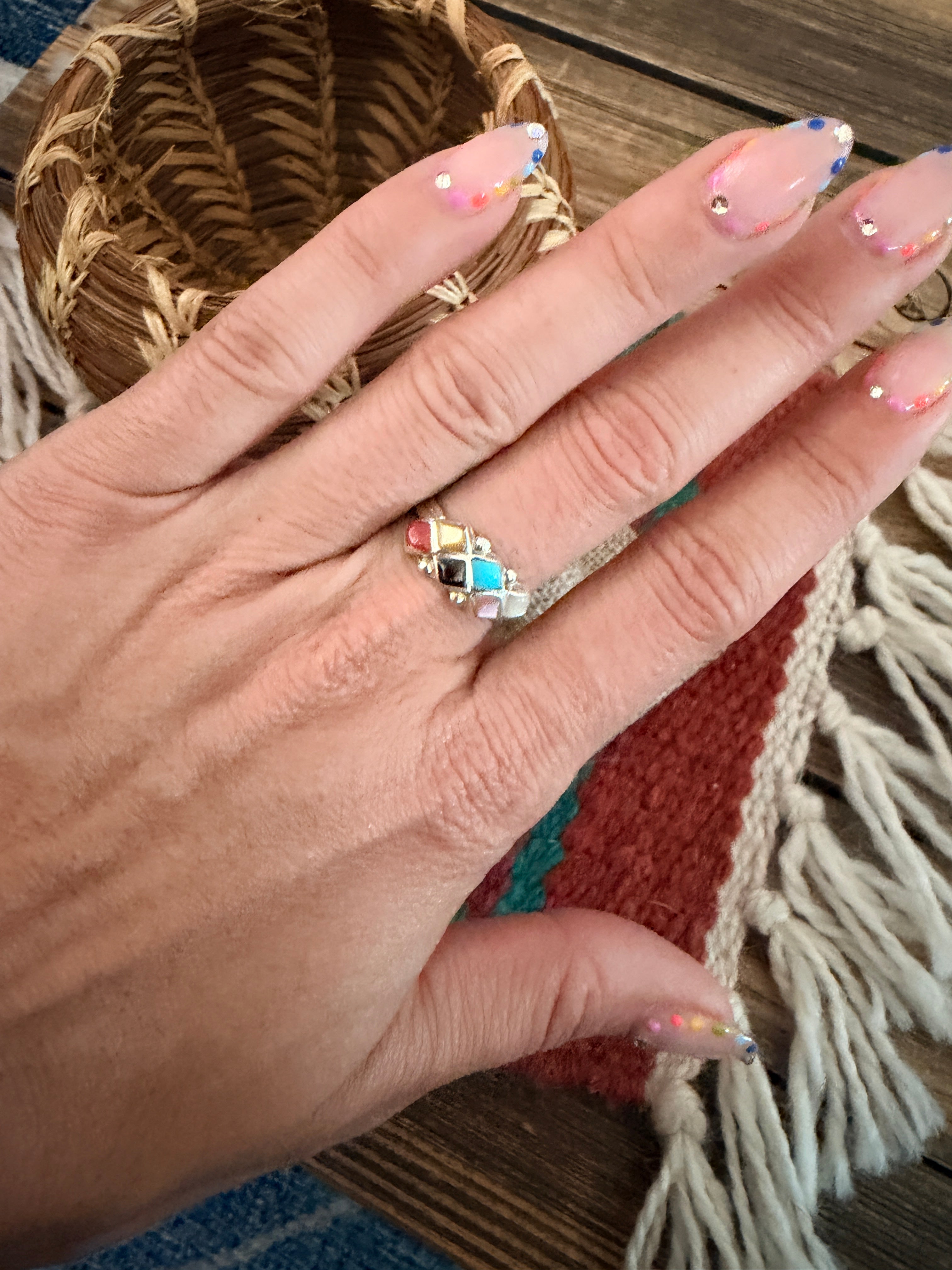 Handcrafted Multi Stone & Sterling Silver Band Ring Size 6.25