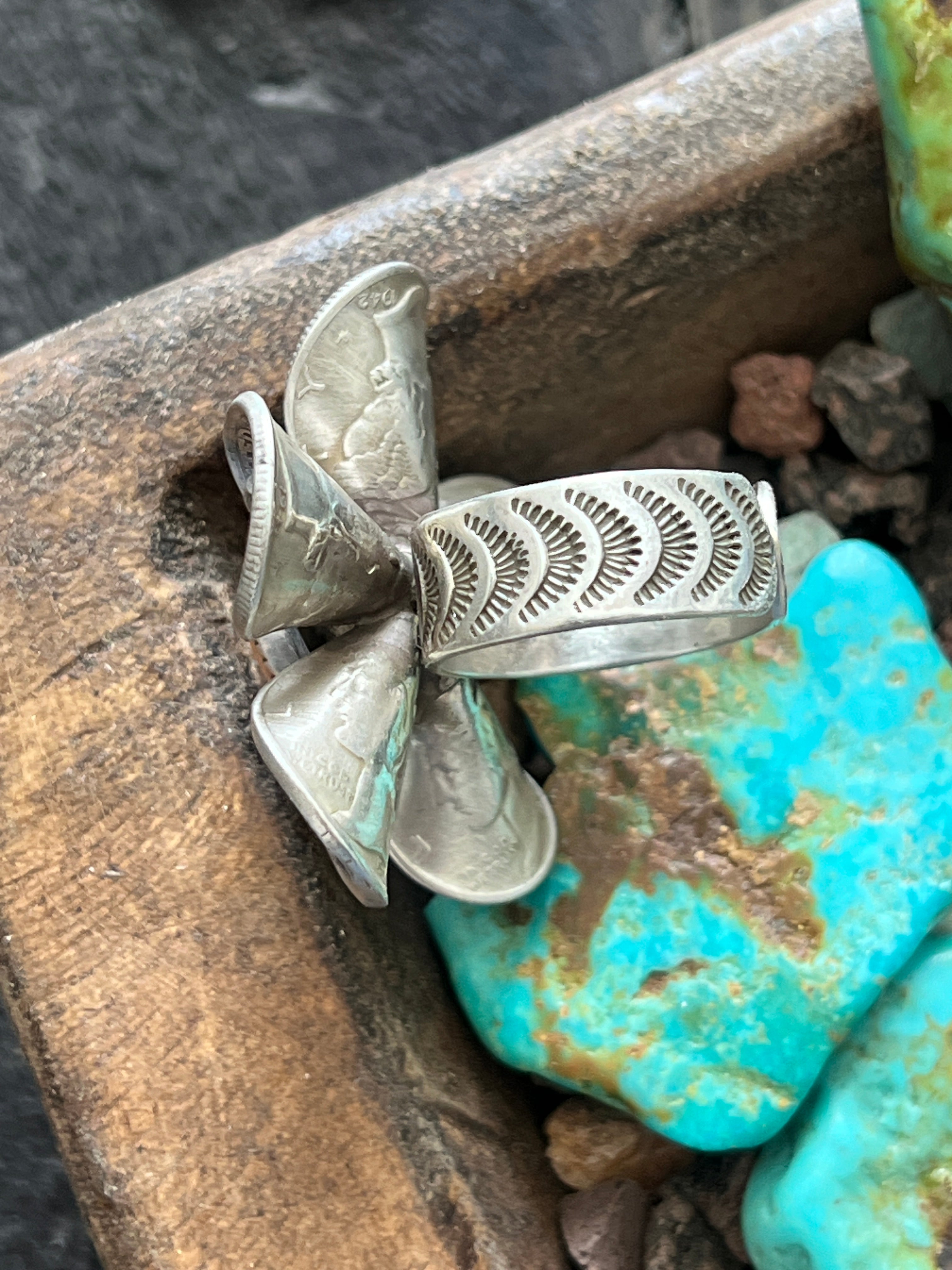 Handcrafted Sterling and Coin Silver Mercury Dime Flower Ring with Orange Spiny Oyster by James Begay, Adjustable