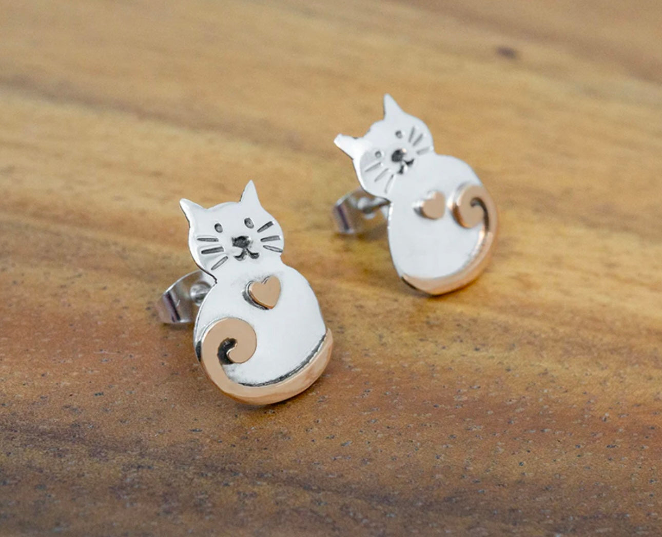 SILVER & COPPER CAT EARRING ON POST EARRINGS