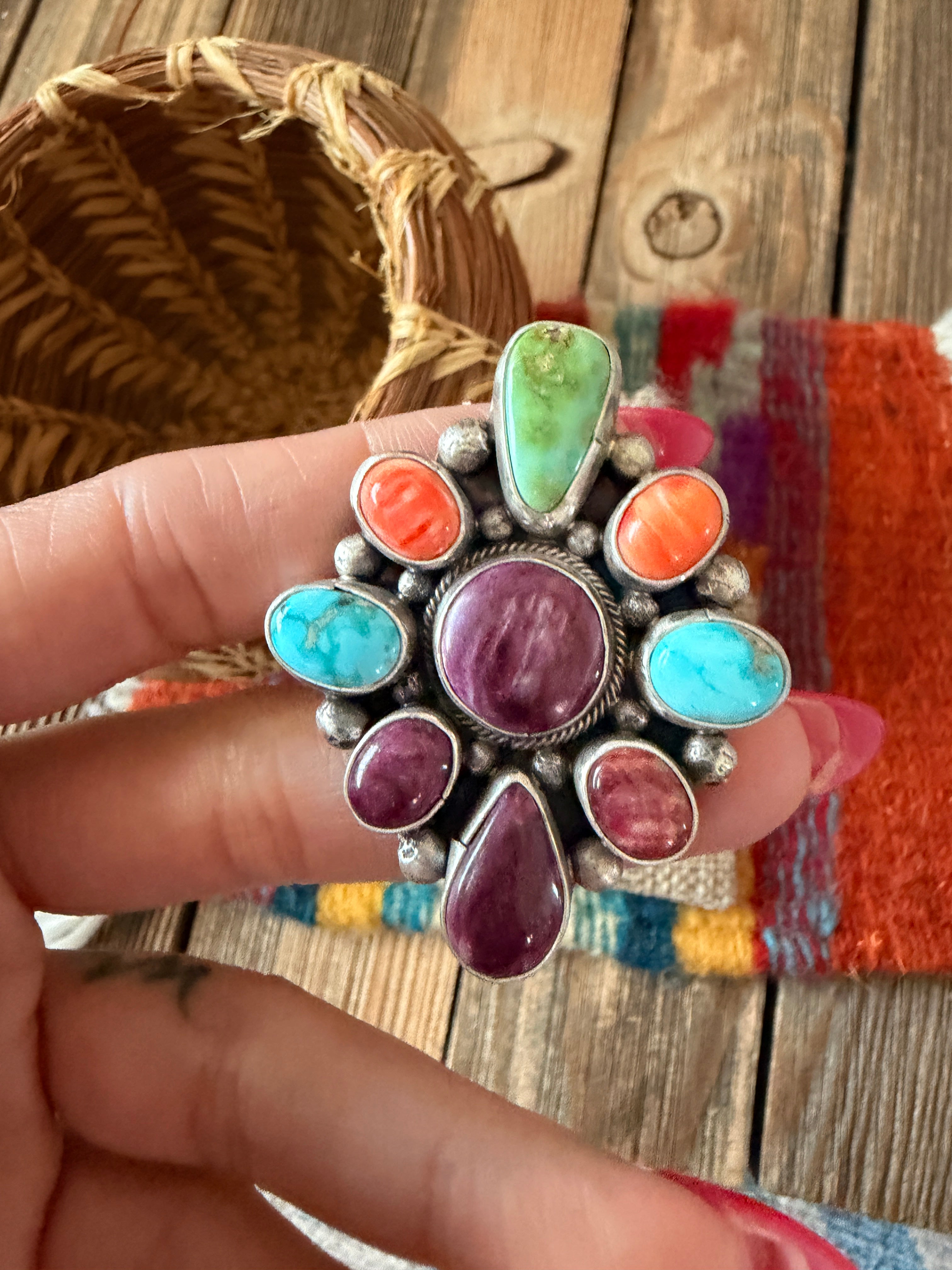 Handcrafted Spiny Oyster, Turquoise & Sterling Silver Adjustable Cluster Ring by Sheila Becenti