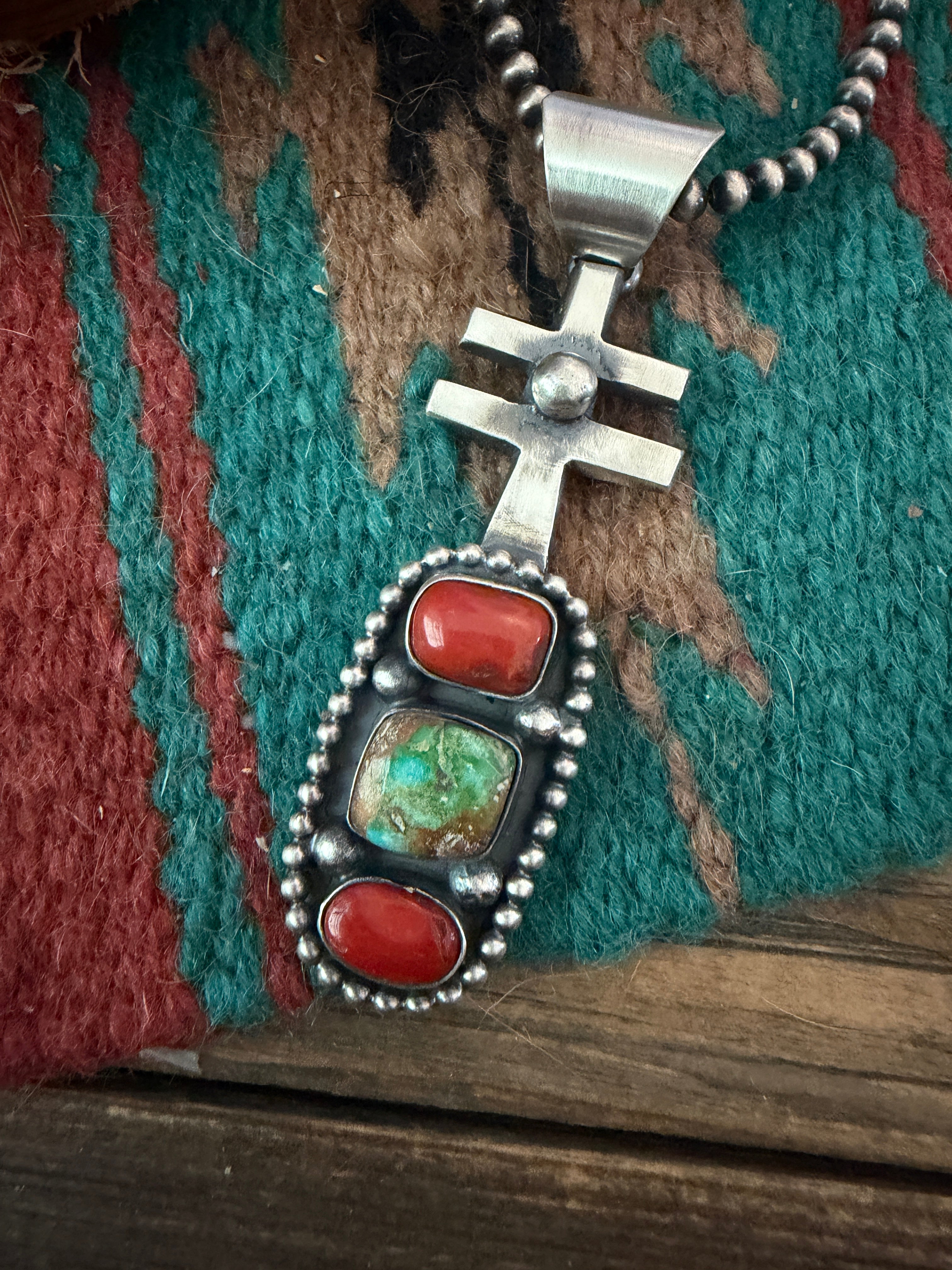 Handcrafted Sterling Silver, Coral & Sonoran Gold Turquoise Pendant by Chimney Butte