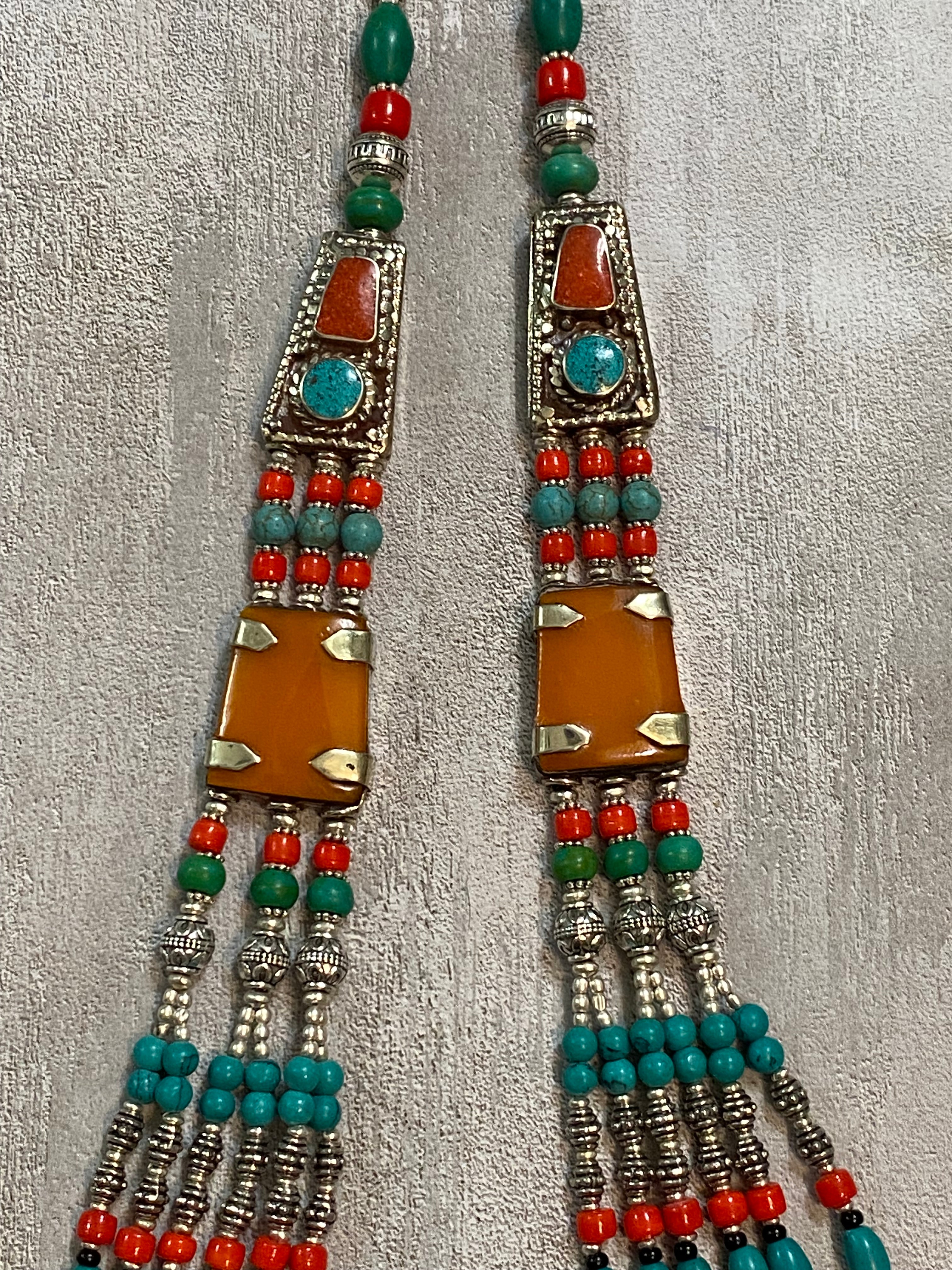 Silver Plated Tibetan Style Six Strand Turquoise, Red Coral, & Orange Spiny Beaded Necklace