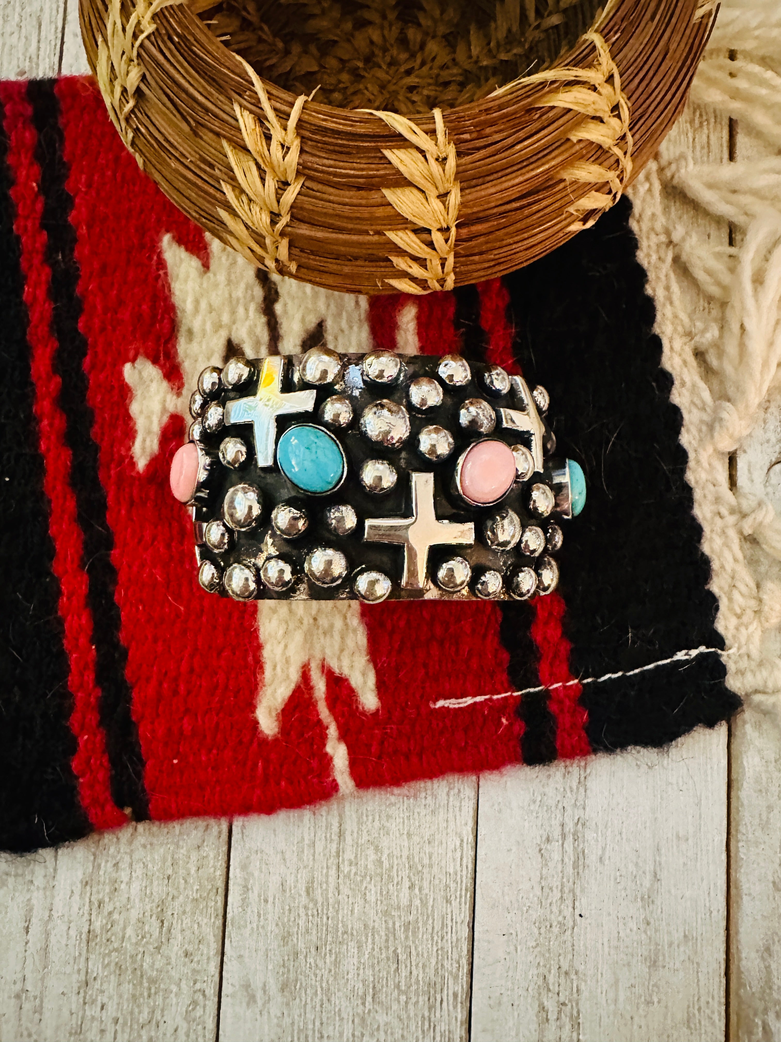 Navajo Queen Pink, Turquoise & Sterling Silver Cross Cuff Bracelet By Chimney Butte