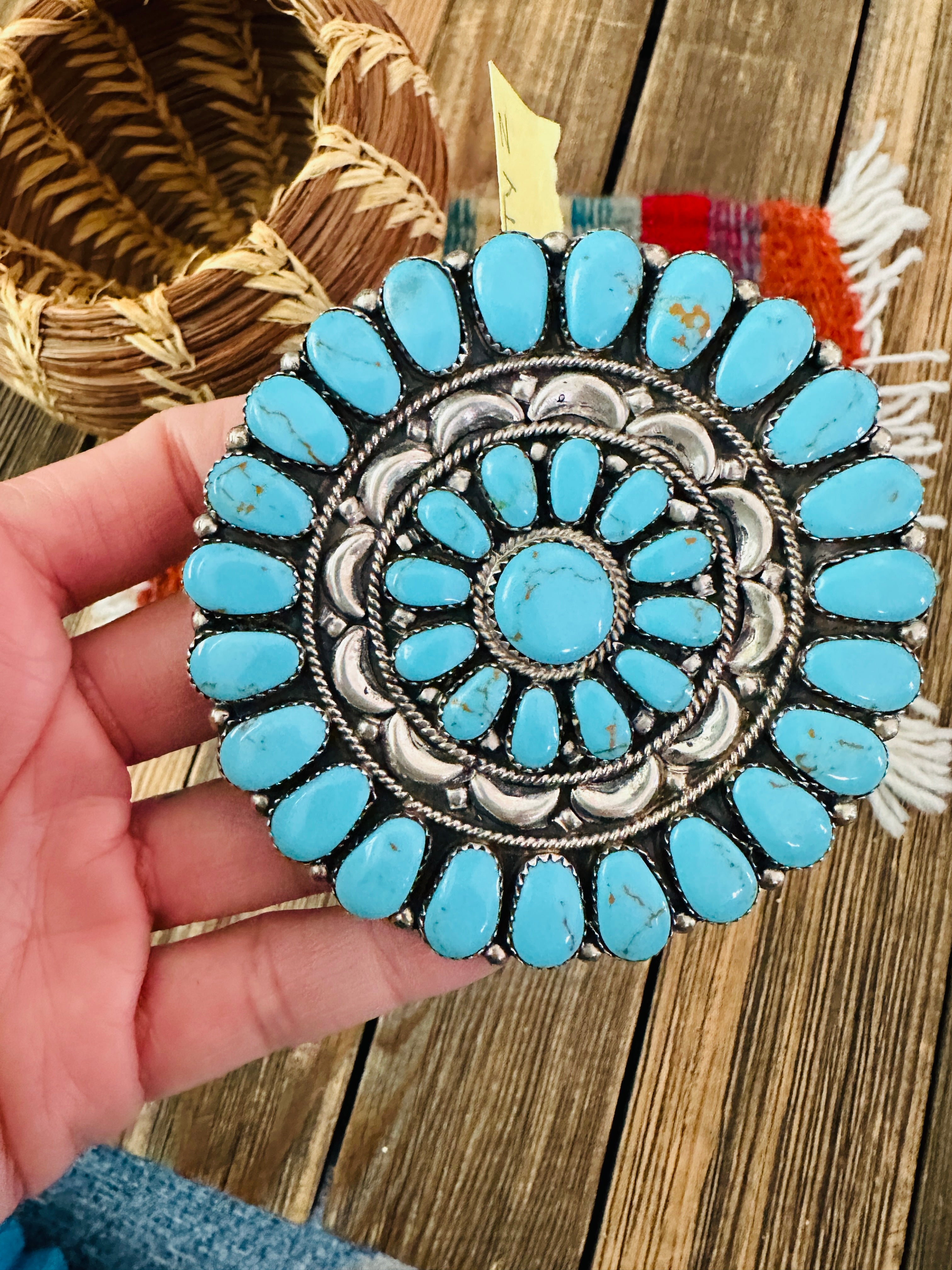 Old Pawn Handcrafted Turquoise and Sterling Silver Cluster Brooch/ Pendant