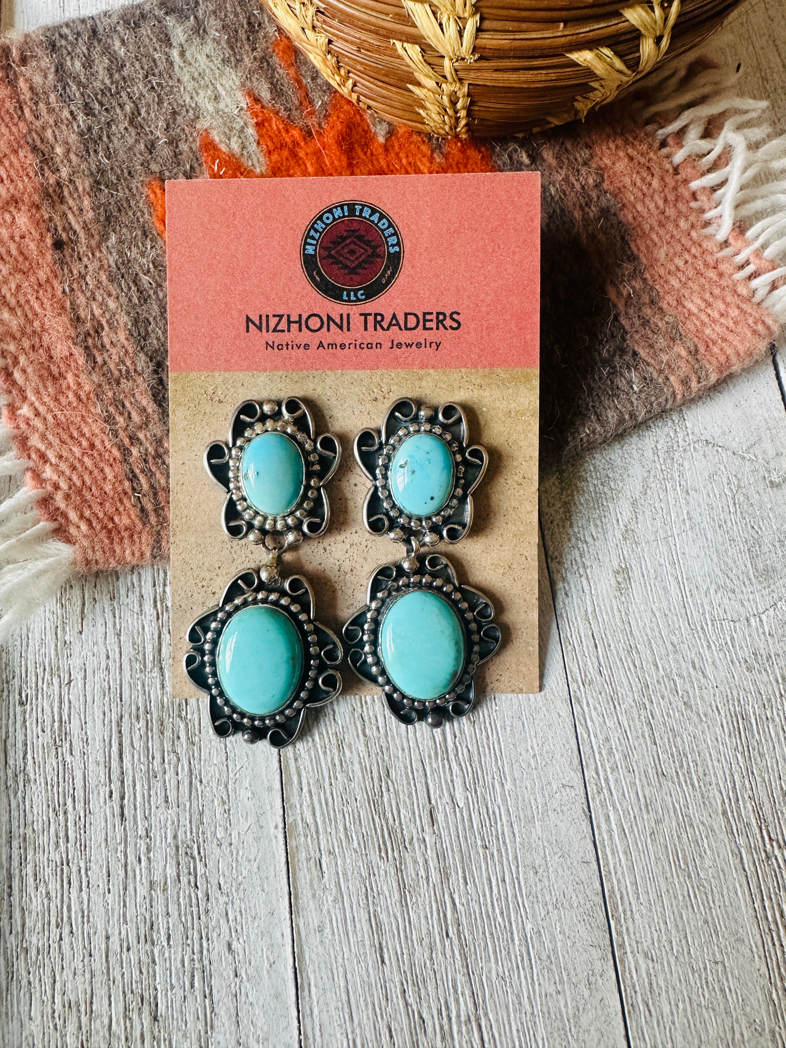 Navajo Kingman Turquoise And Sterling Silver Dangle Earrings