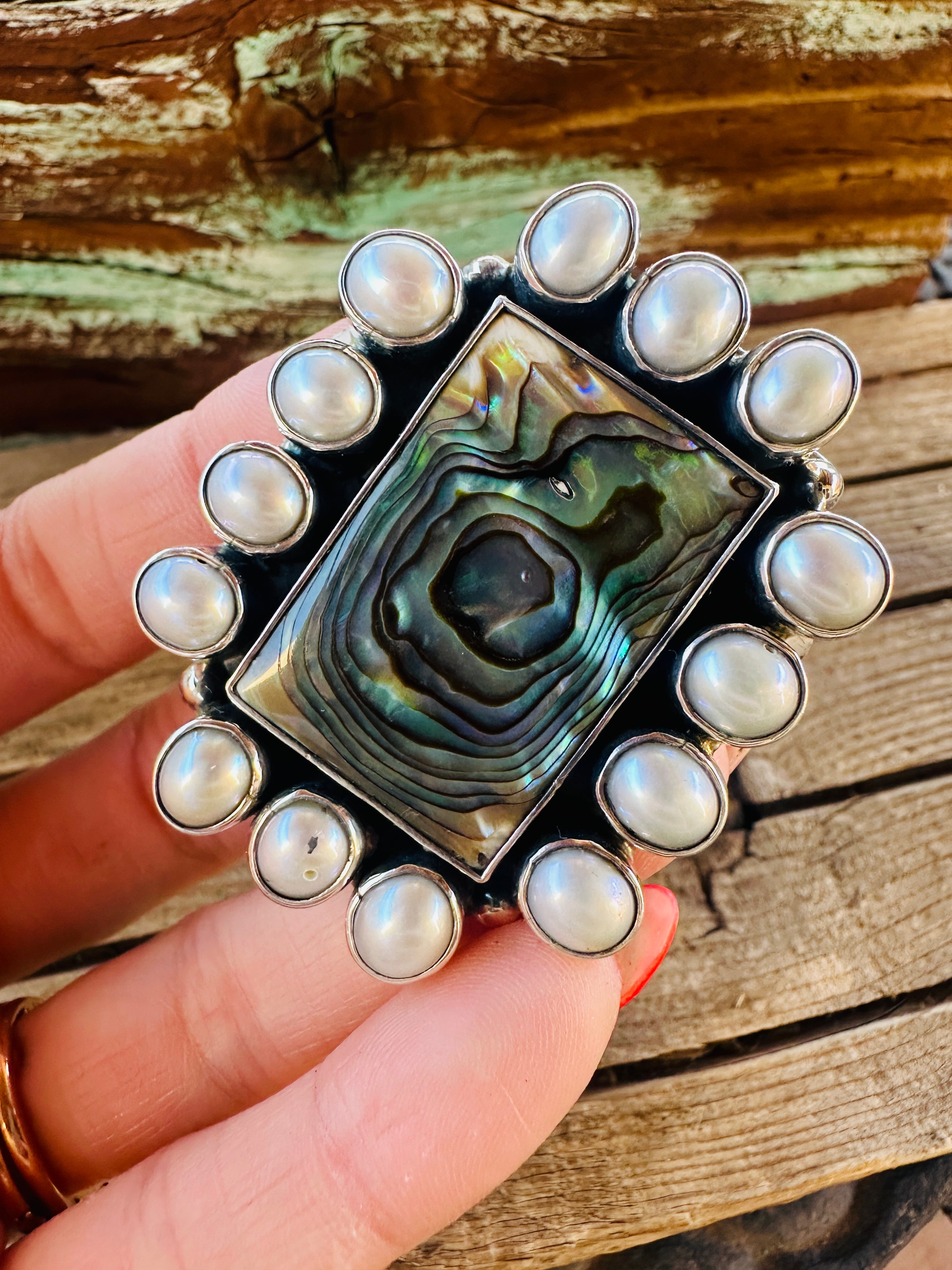 Handcrafted Abalone, Mother of Pearl & Sterling Silver Adjustable Ring by Federico Jimenez