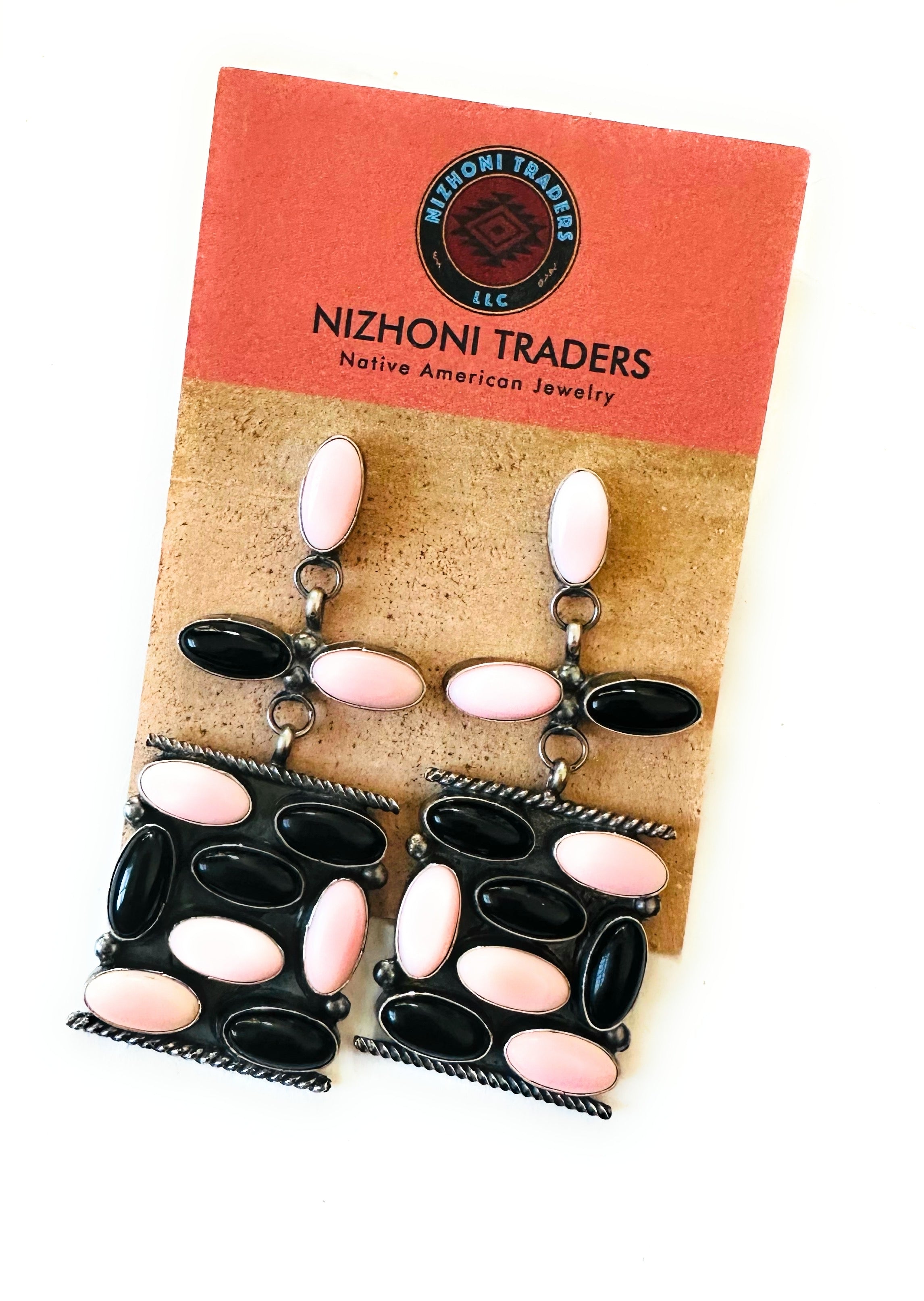 Navajo Queen Pink Conch, Onyx & Sterling Silver Dangle Earrings