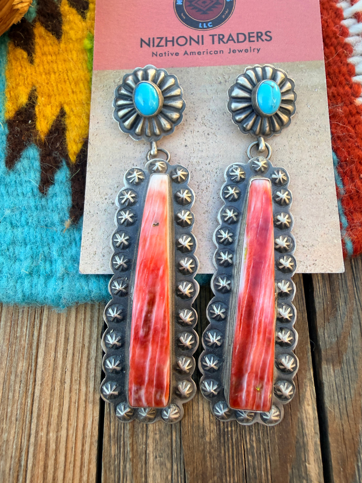 Handcrafted Spiny Oyster, Turquoise & Sterling Silver Dangle Earrings by Eugene Charley