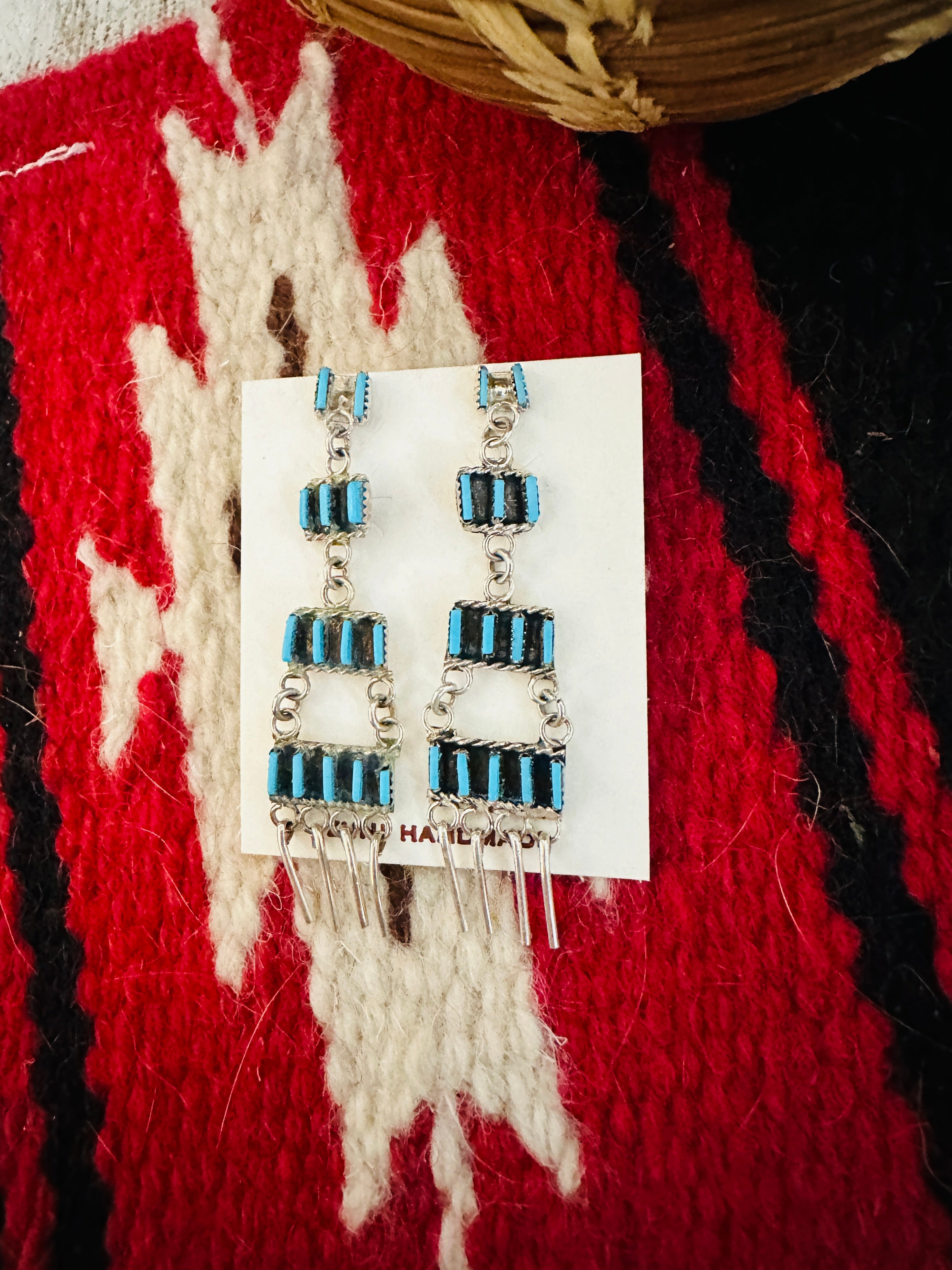 Zuni Turquoise & Sterling Silver Needlepoint Dangle Earrings