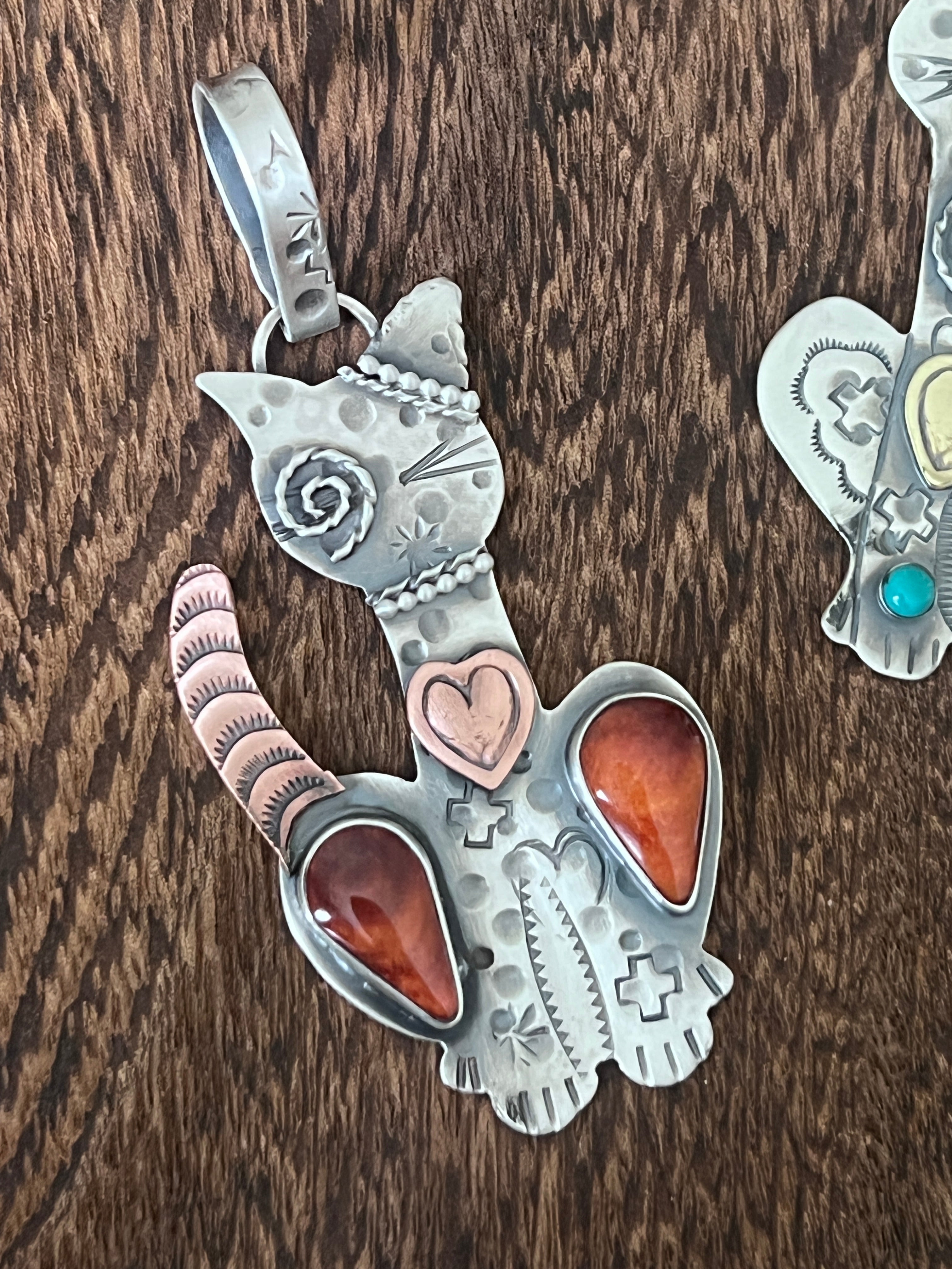 The Kimi-Cats: Hand Stamped and Layered Sterling Silver, Brass, Copper, Turquoise & Spiny Oyster Cat Pendants by Kimari Somers