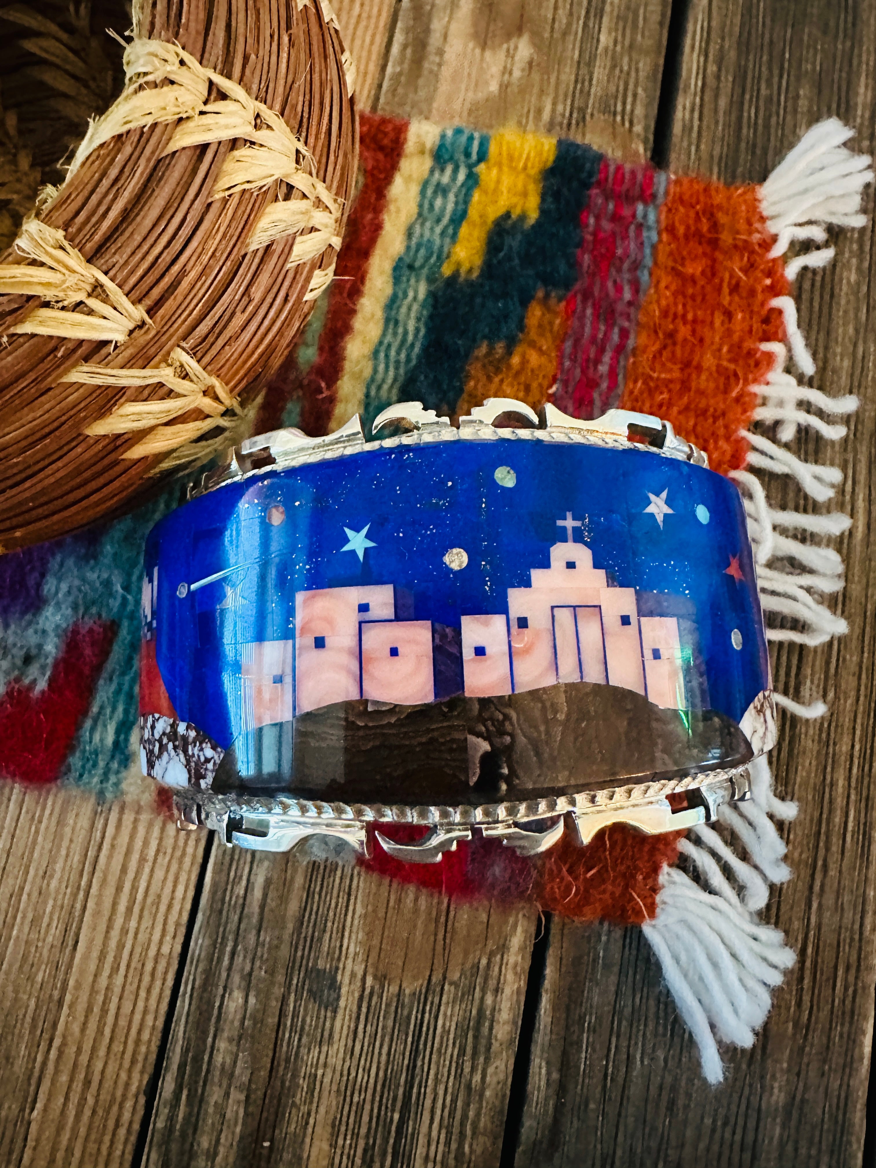 Handcrafted Sterling Silver & Multi Stone Inlay Pueblo Village Cuff Bracelet by Alvin Yellowhorse