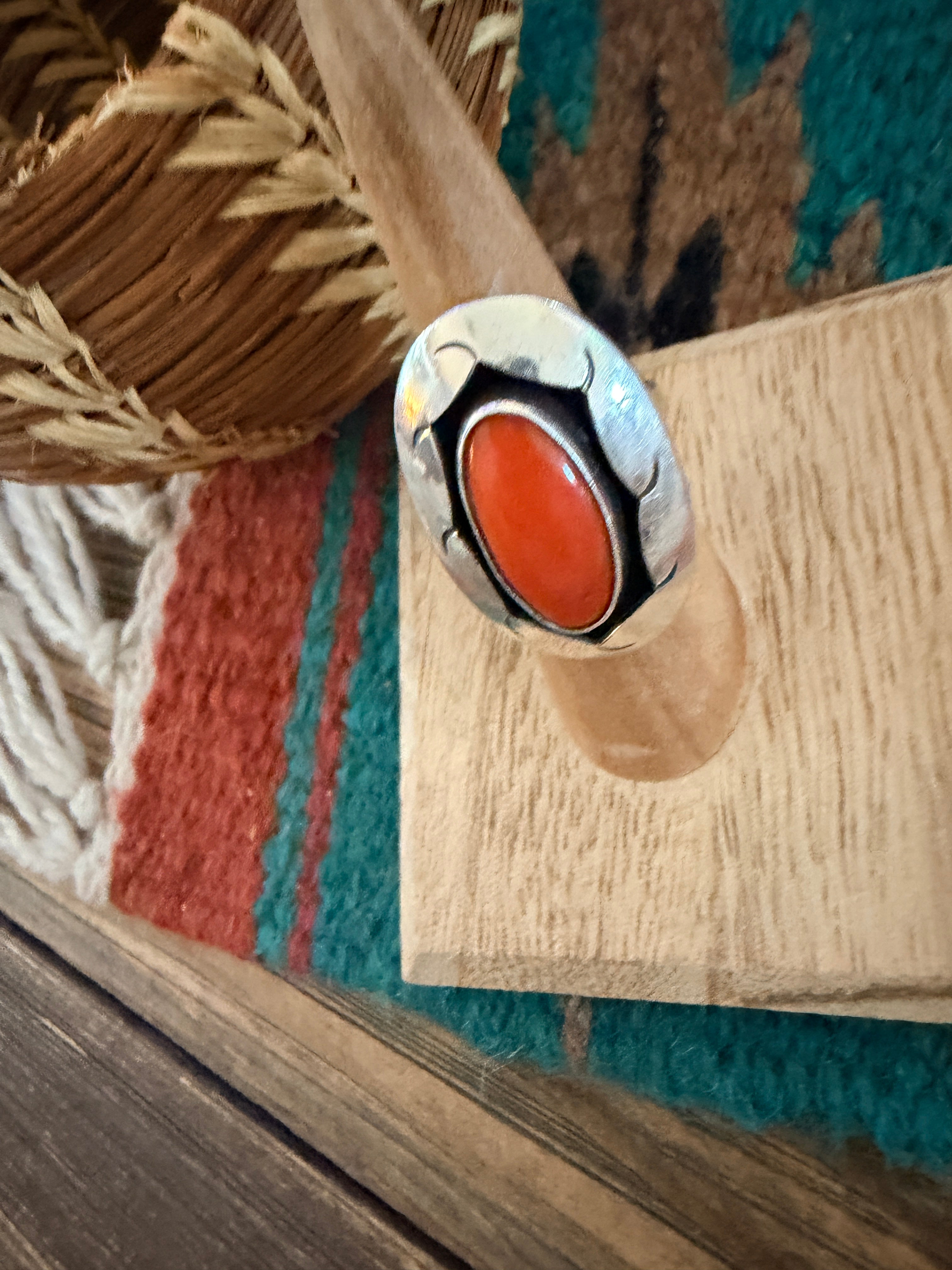 Old Pawn Handcrafted Coral & Sterling Silver Ring Size 5.75