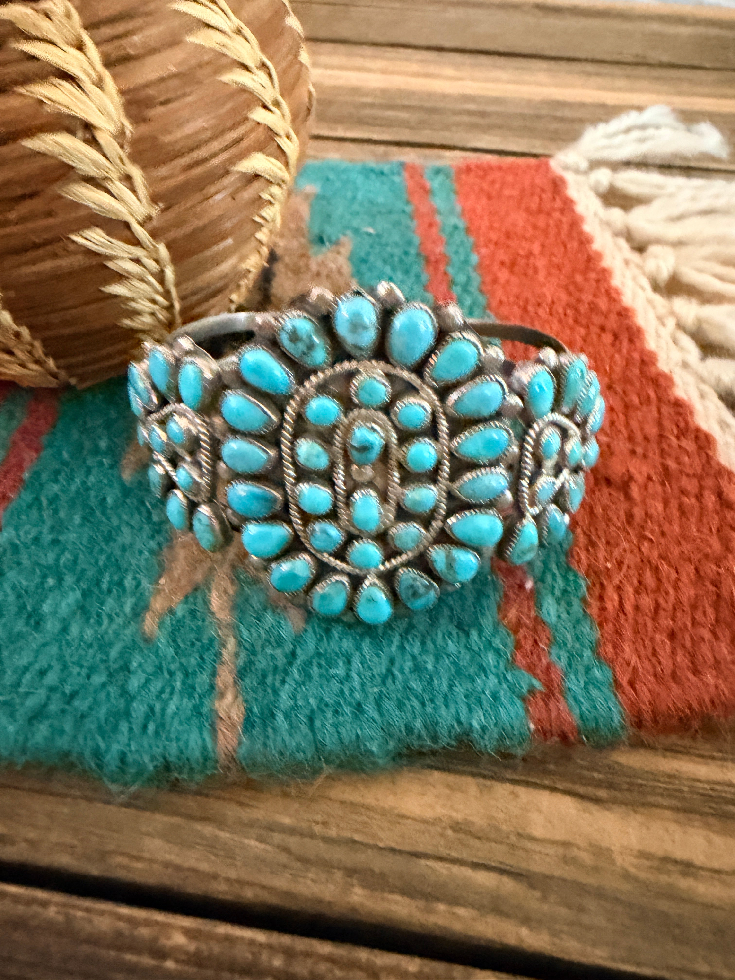 Handcrafted Old Pawn Sterling Silver & Turquoise Cluster Cuff Bracelet