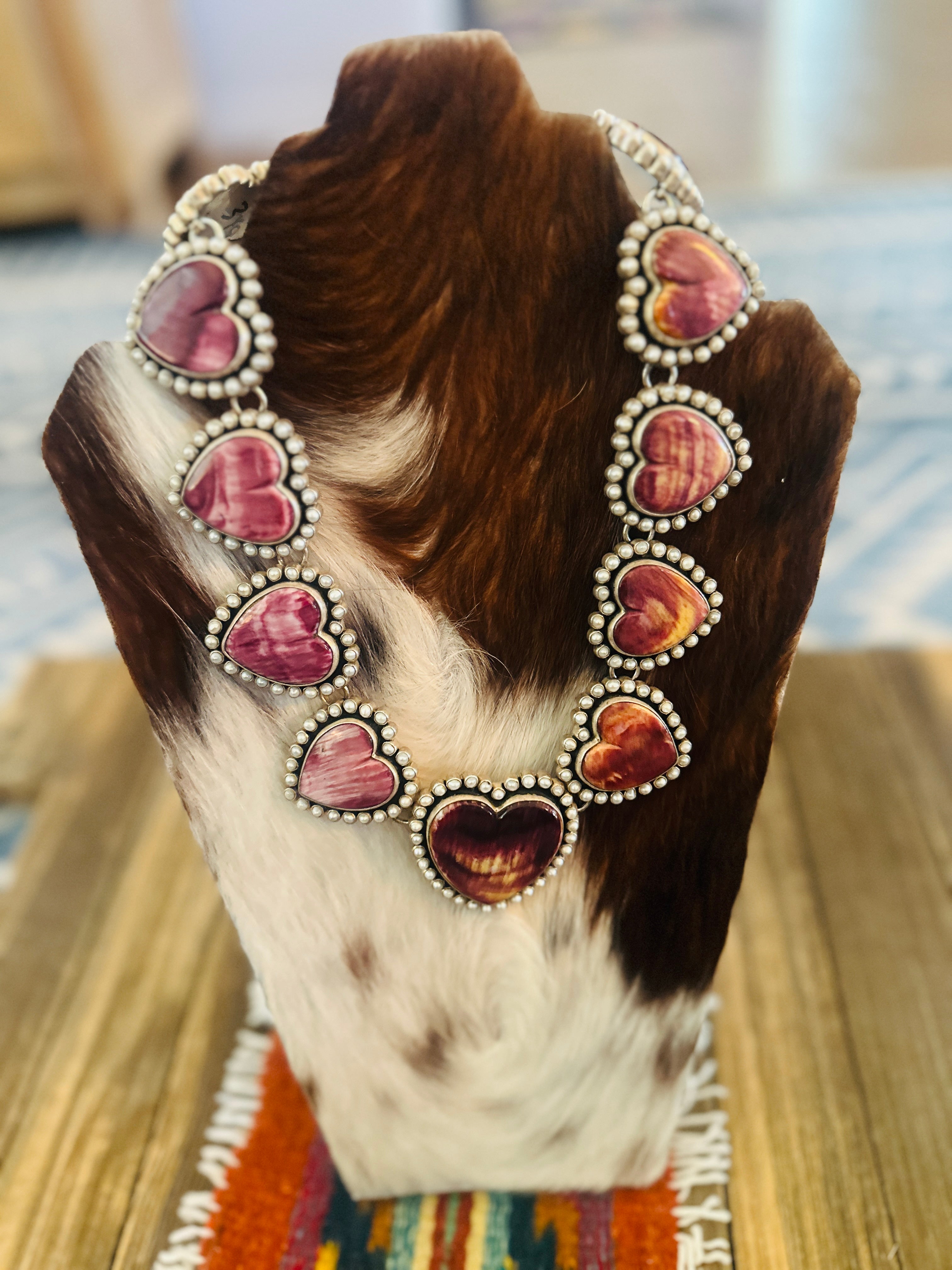 Handcrafted Purple Spiny, Mother of Pearl & Sterling Silver Heart Neck