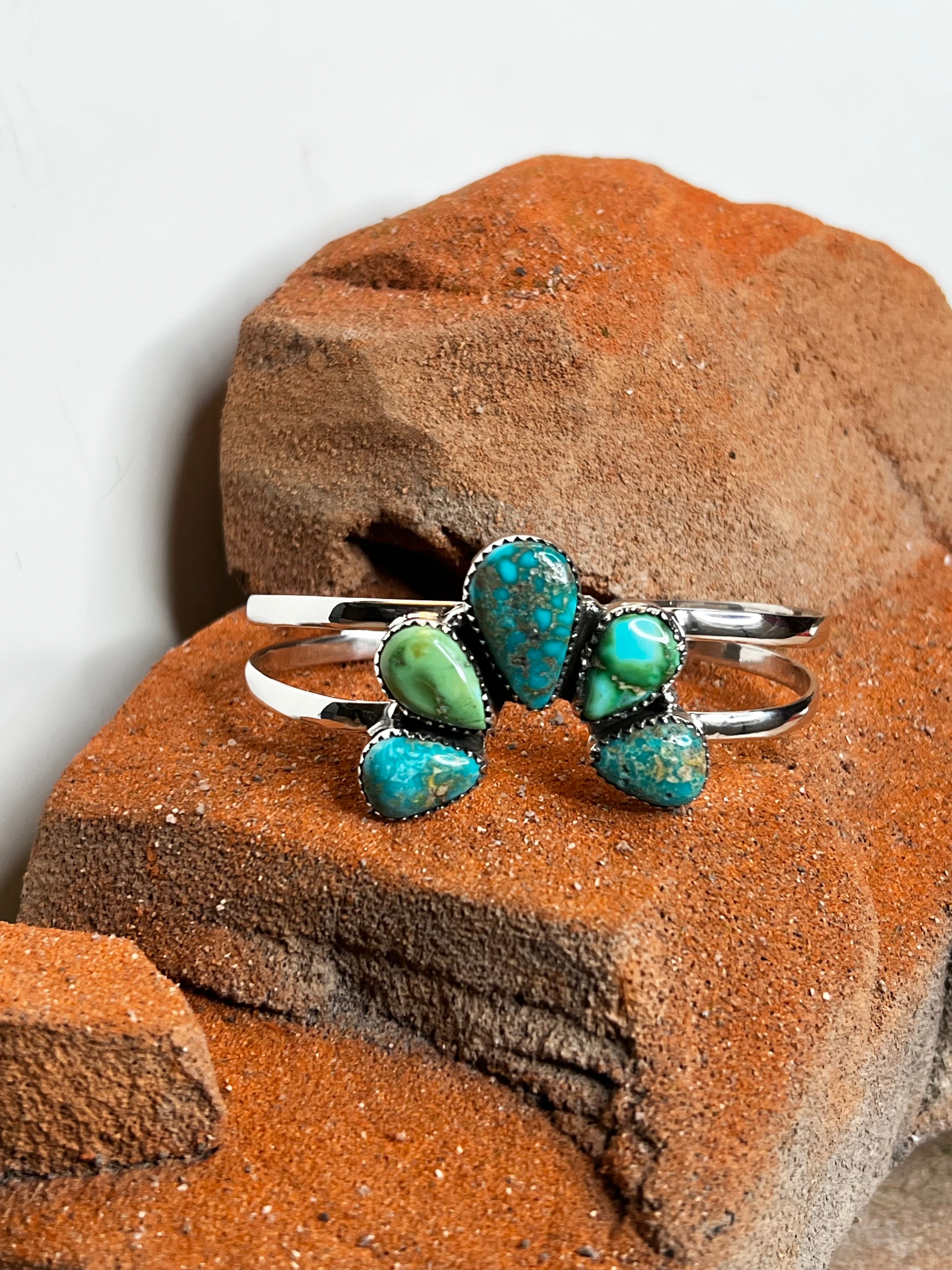 Handmade South Hill & Sonoran Mountain Turquoise Cluster Sterling Silver Cuff Bracelet