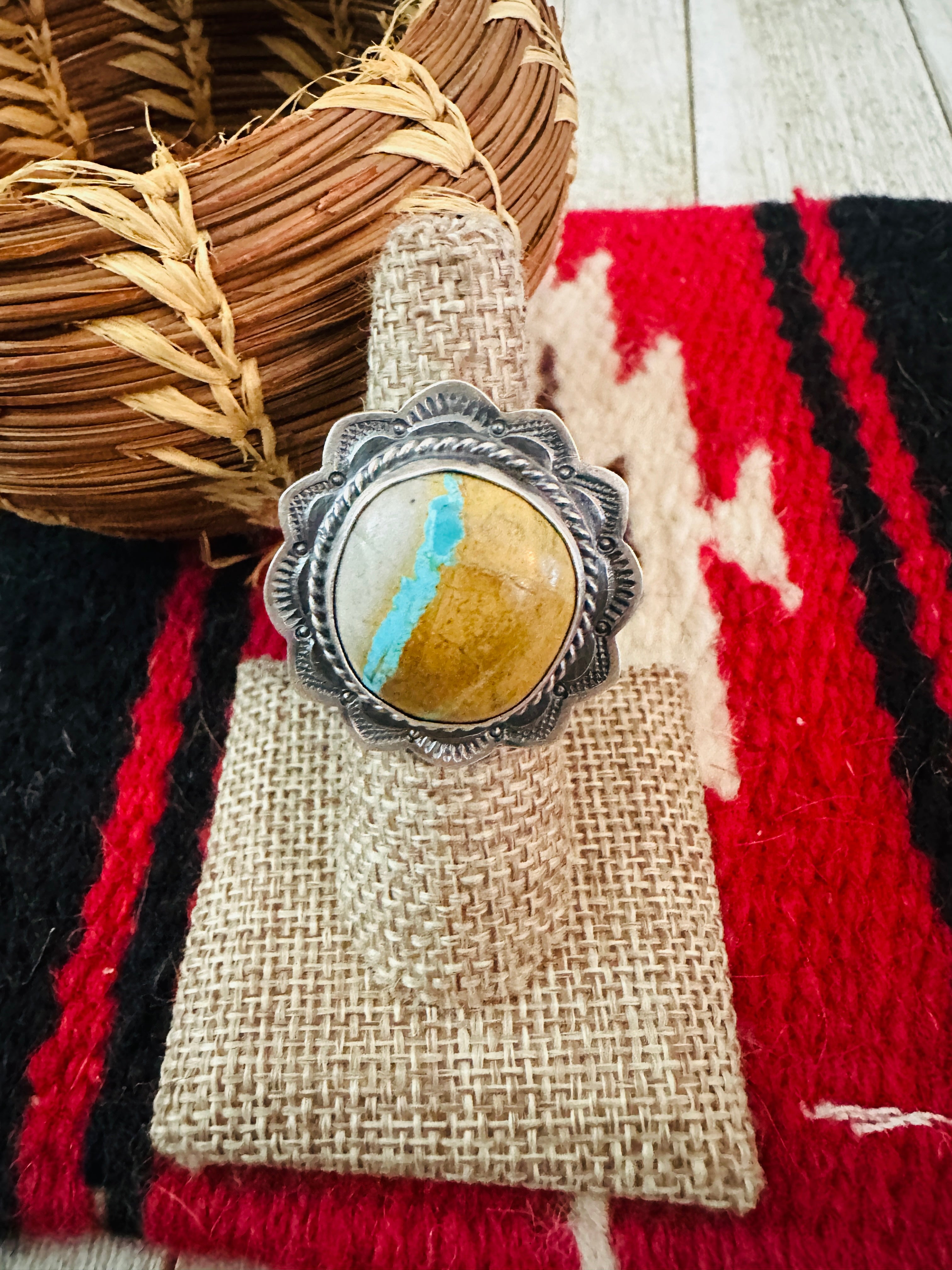 Handcrafted Ribbon Turquoise & Sterling Silver Ring Size 6.5