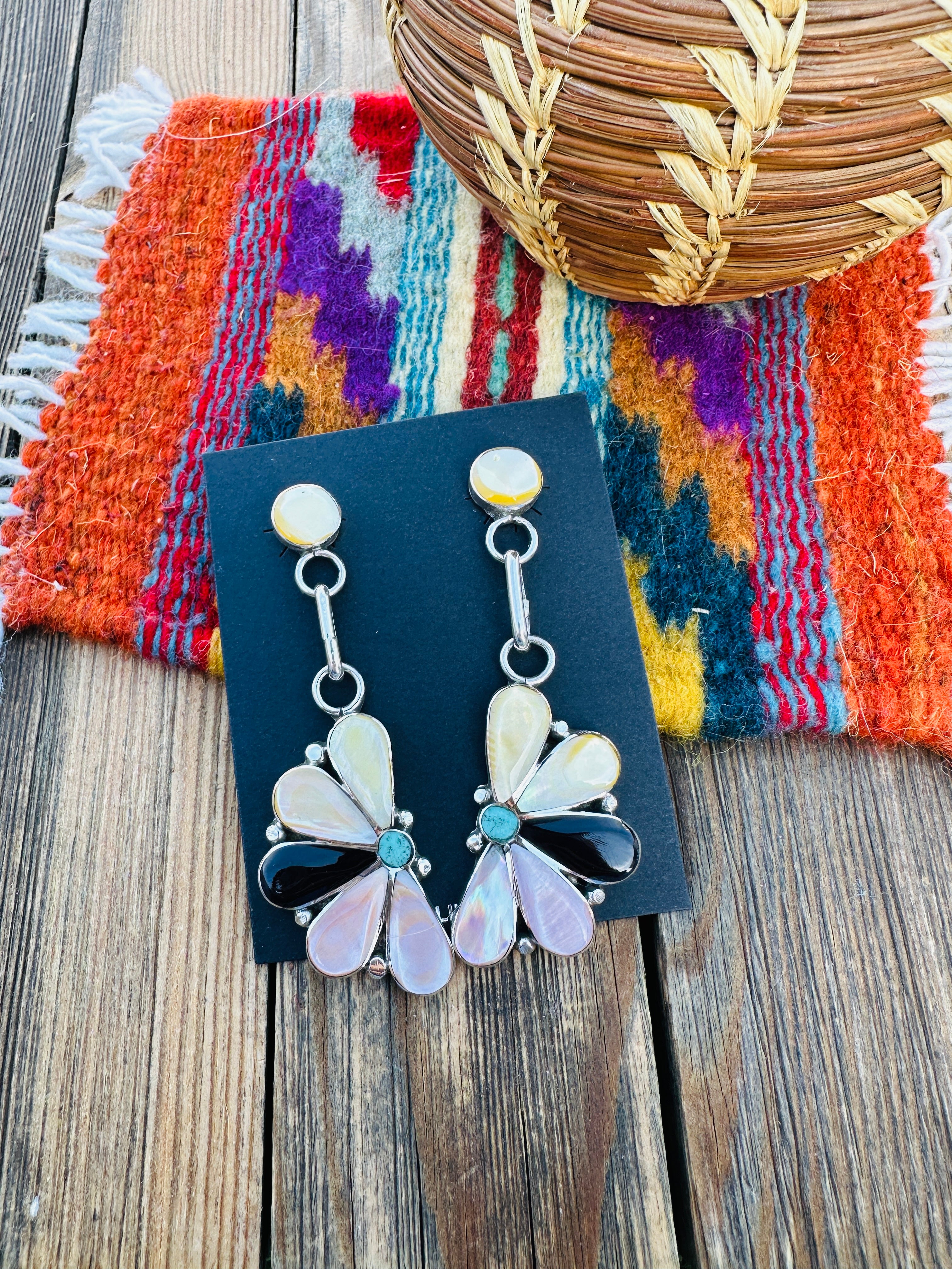 Handcrafted Sterling Silver, Mother of Pearl, Turquoise & Jet Inlay Flower Dangle Earrings