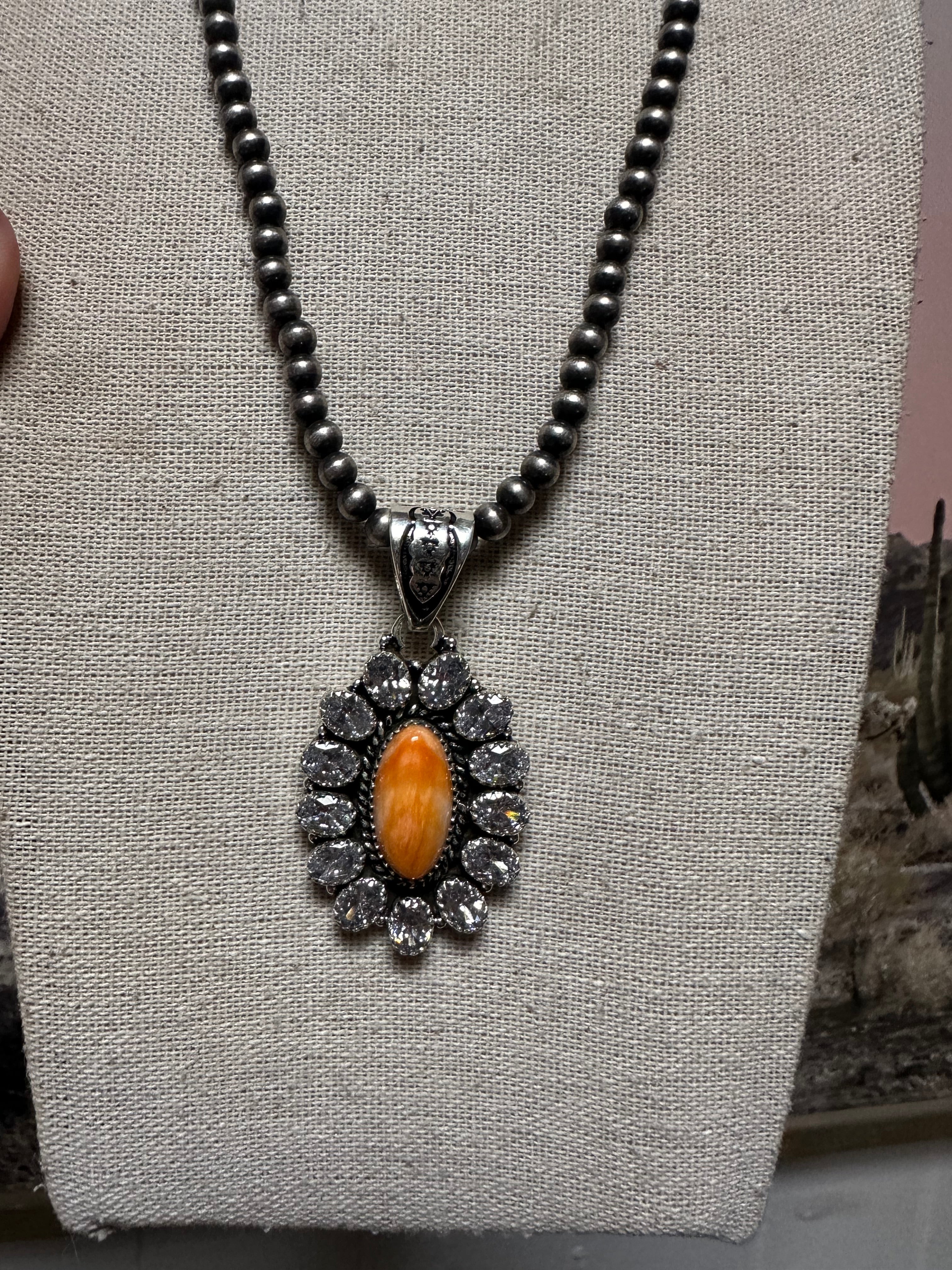 Beautiful Handmade Sterling Silver, Orange Spiny & CZ Pendant