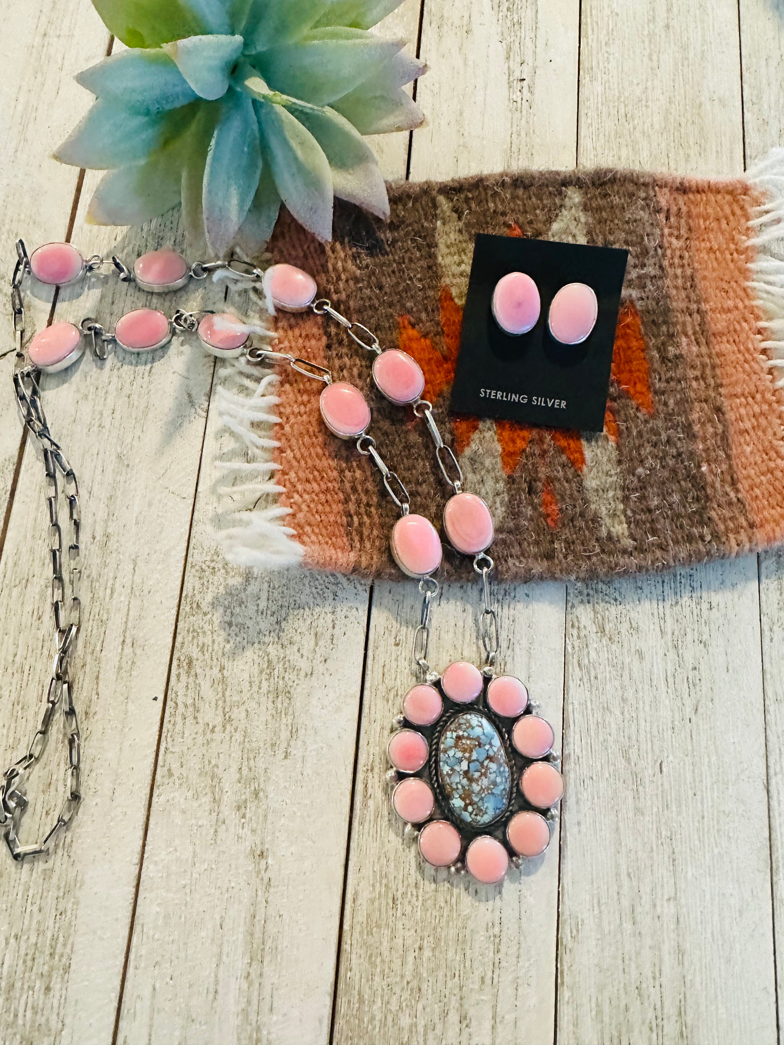 Navajo Turquoise, Queen Pink Conch & Sterling Silver Necklace Earrings Set