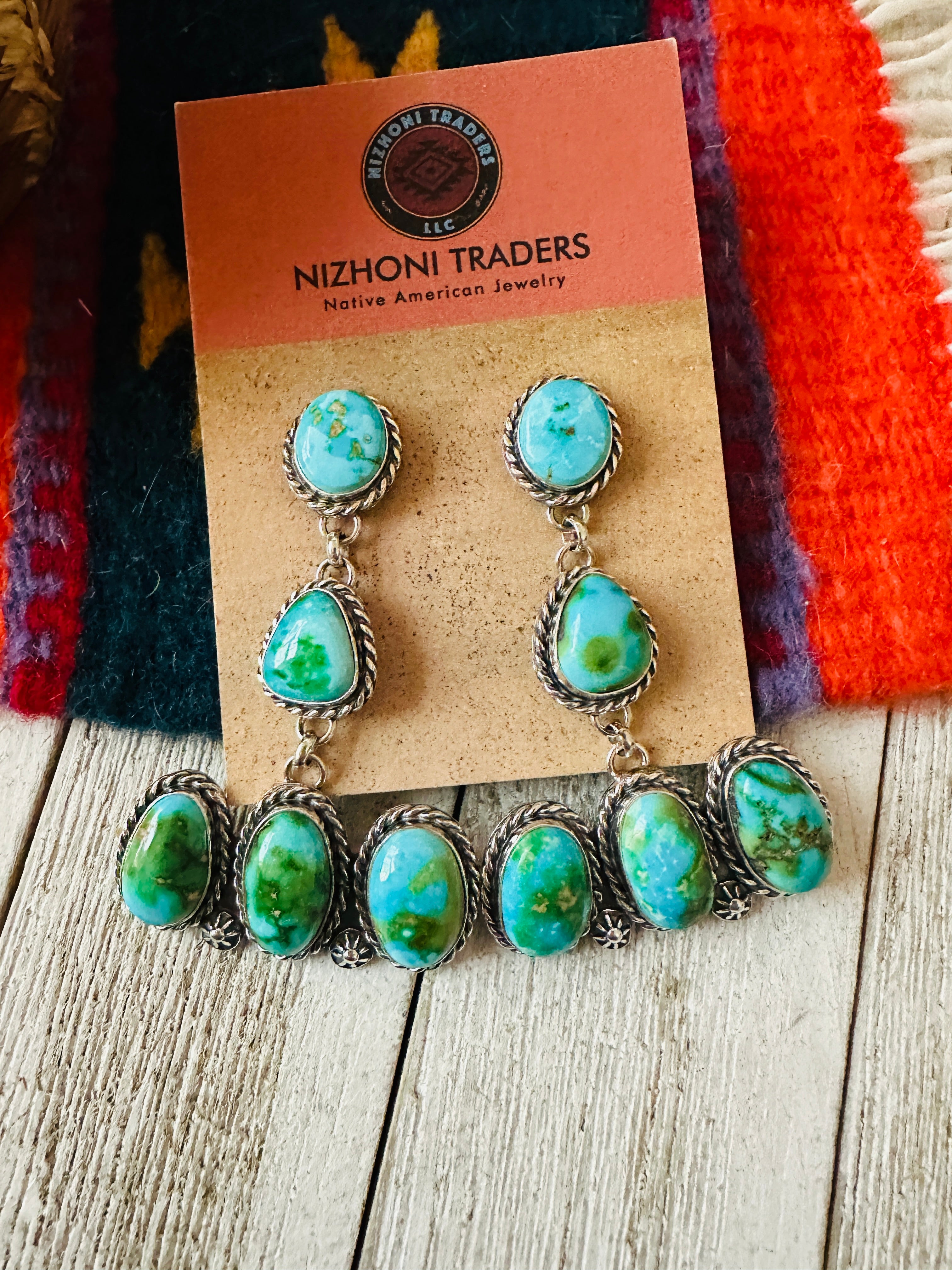 Navajo Sonoran Mountain Turquoise & Sterling Silver Dangle Earrings