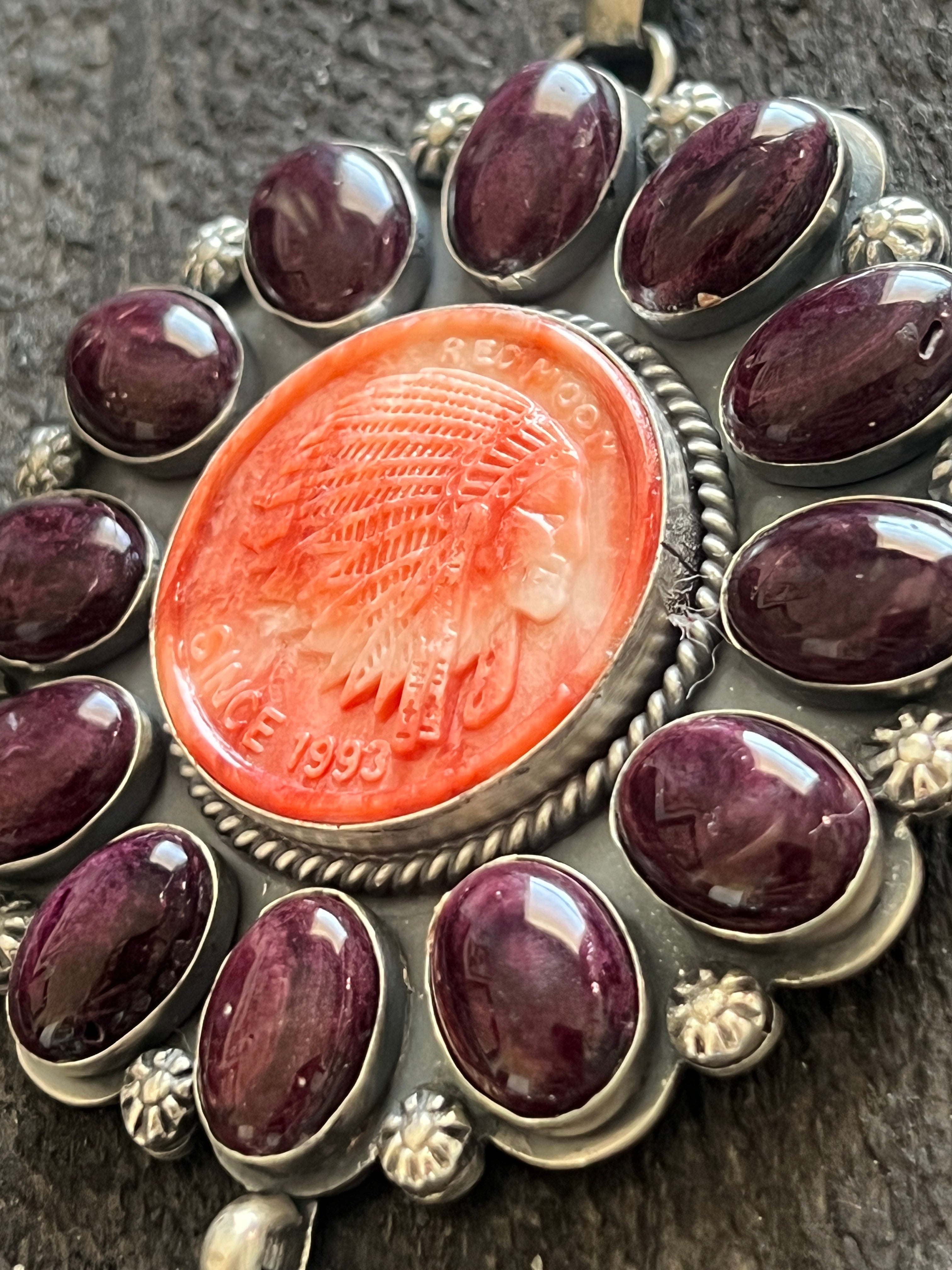 Handcrafted Stunning Sterling Silver, Carved Spiny Oyster and Turquoise Necklace by Gilbert Platero