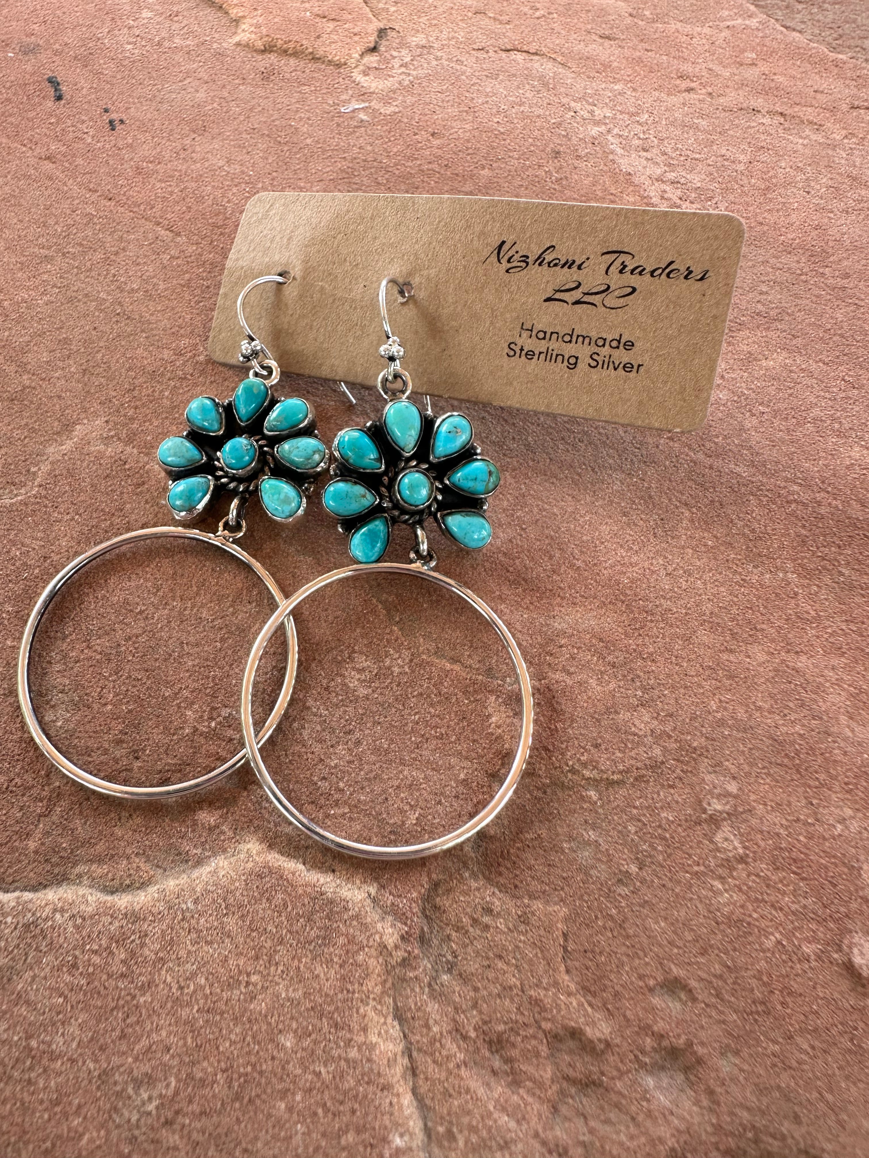 Handmade Turquoise & Sterling Silver Dangle Hoop Earrings Signed Nizhoni