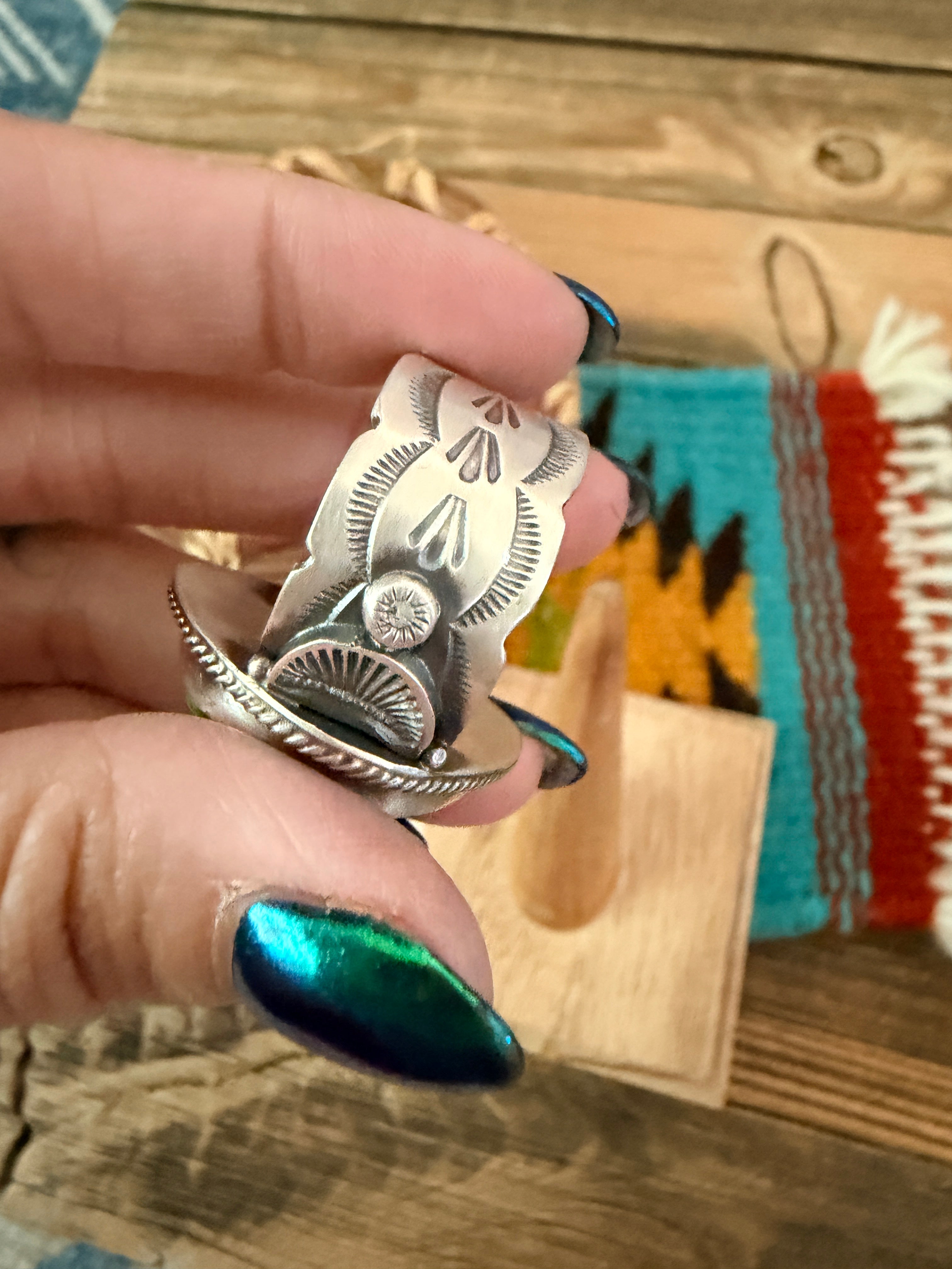 Handcrafted Sonoran Mountain Turquoise & Sterling Silver Ring Size 11.5 by Sheila Tso