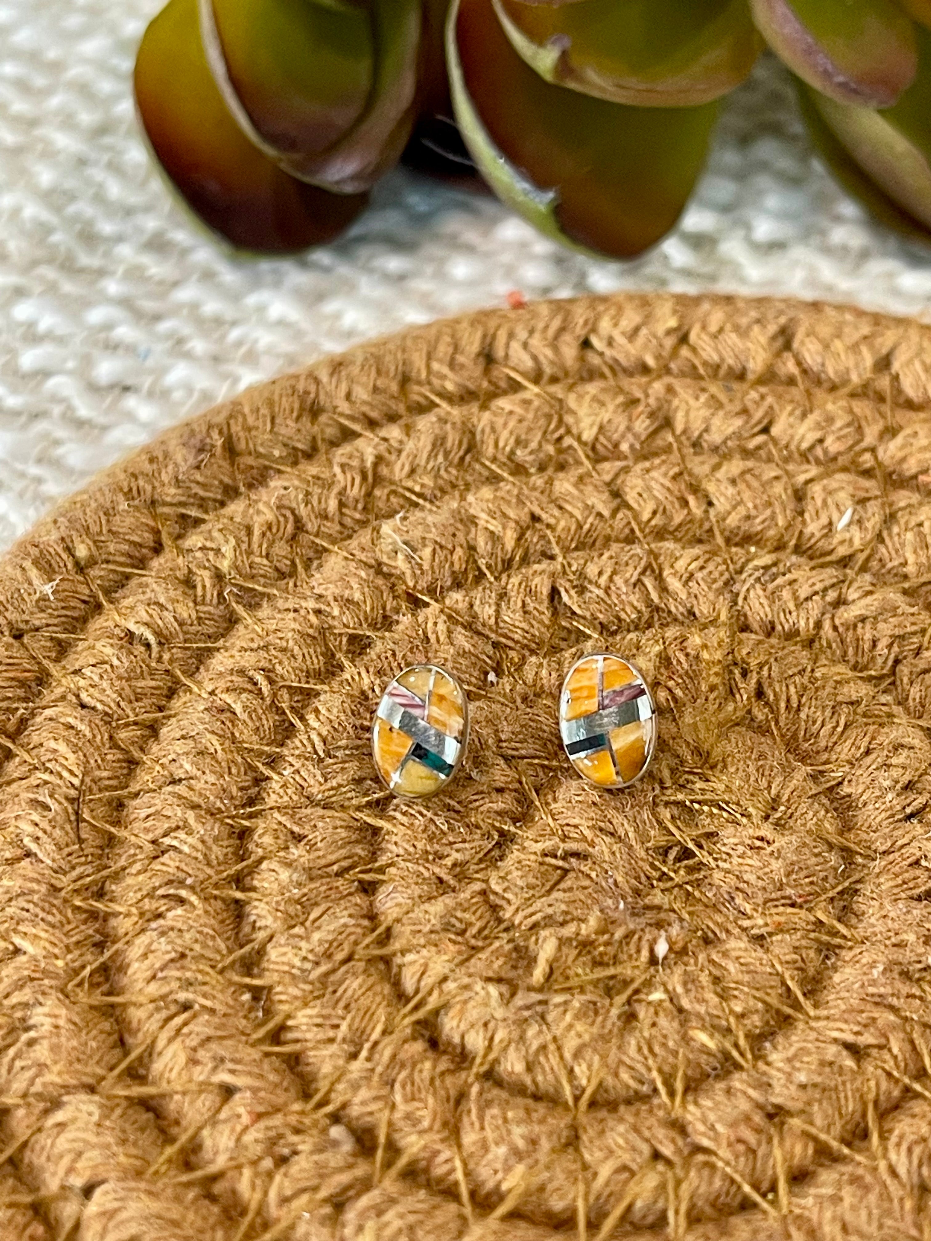 Beautiful Handmade Sterling Silver & Multi Stone Inlay Stud Earrings