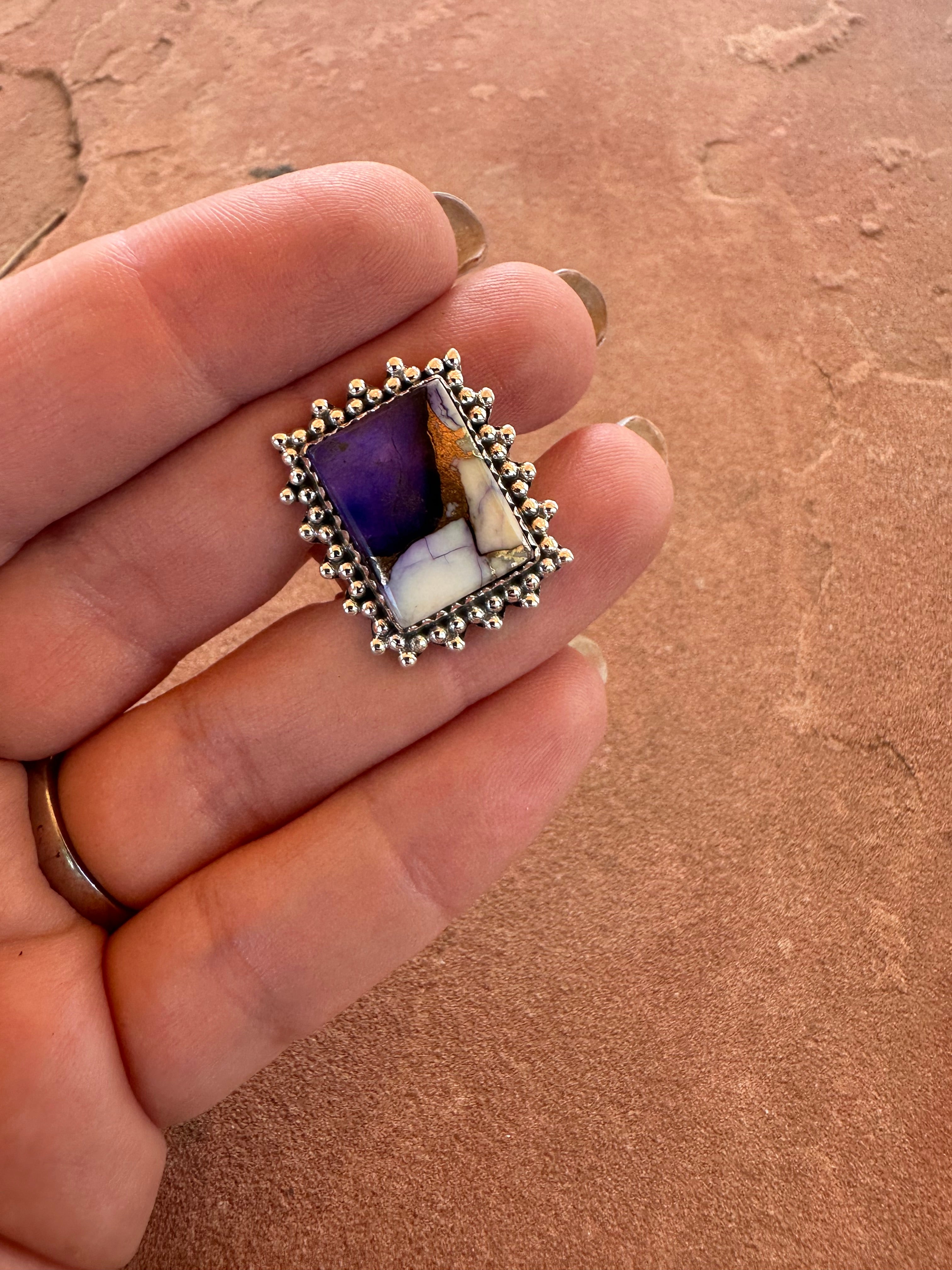 Beautiful Handmade Violet Frost And Sterling Silver Adjustable Ring SQUARE