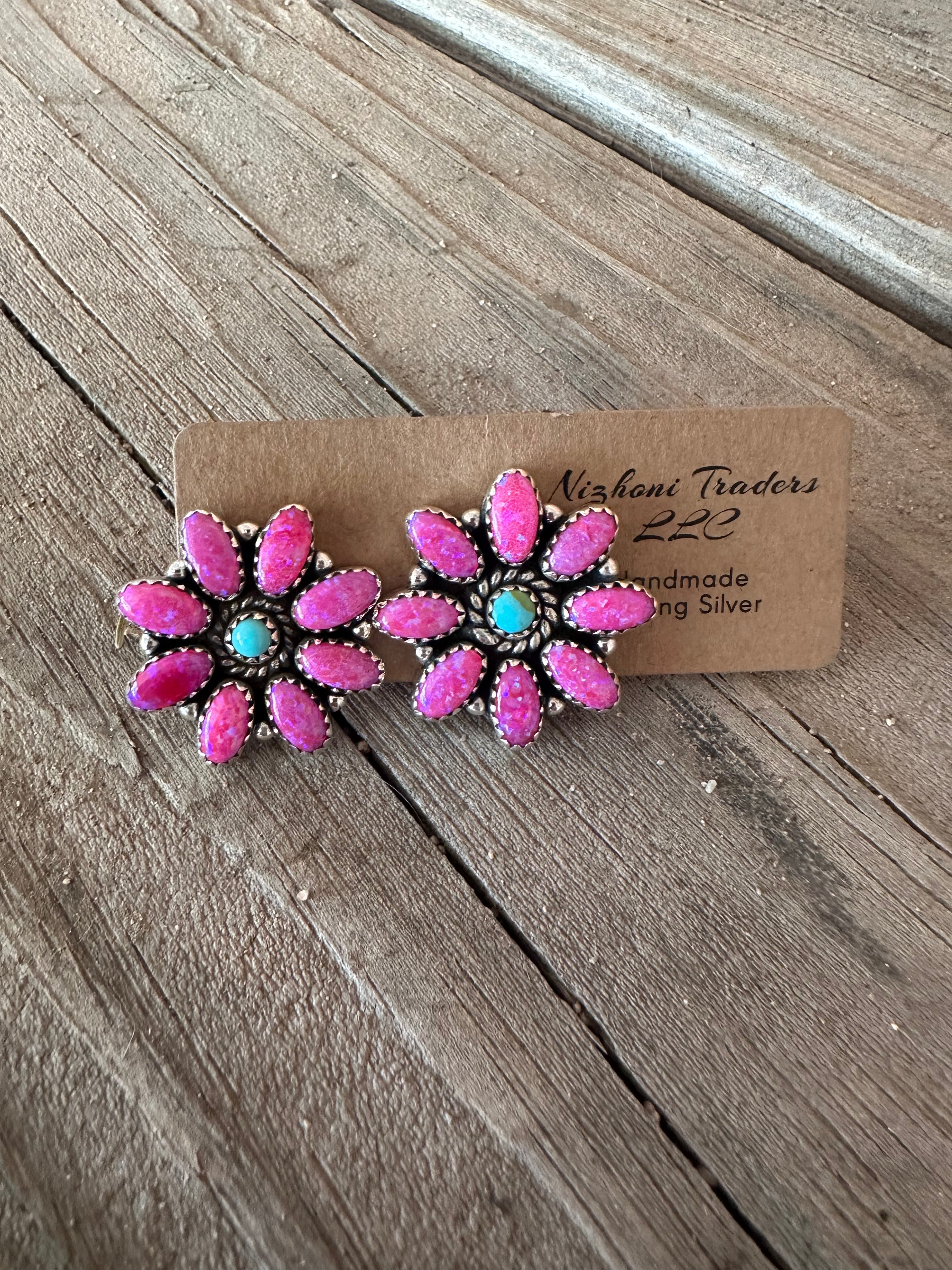 Handmade Hot Pink Fire Opal, Turquoise and Sterling Silver Flower Post Earrings