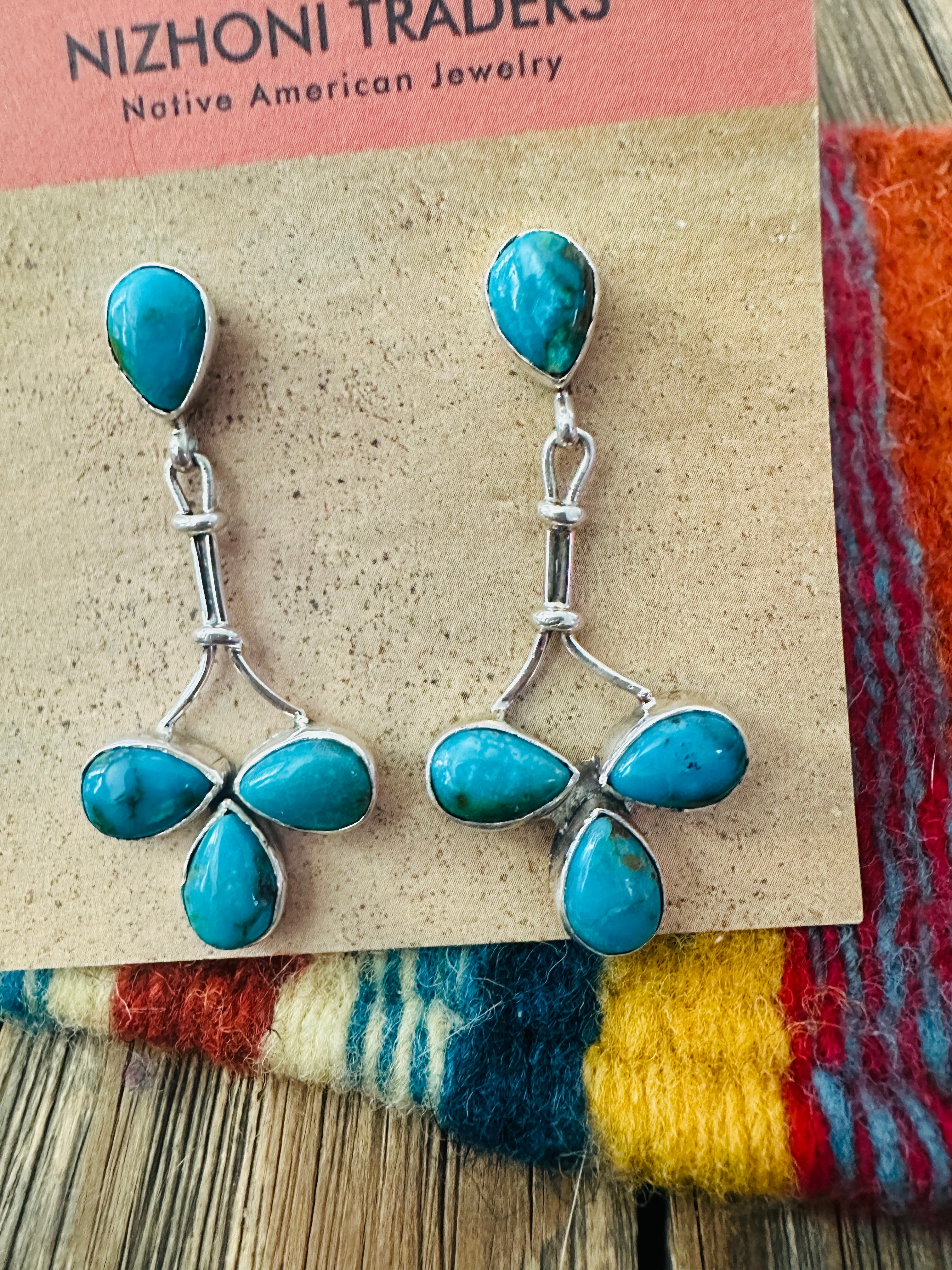 Handcrafted Turquoise & Sterling Silver Cluster Dangle Earrings