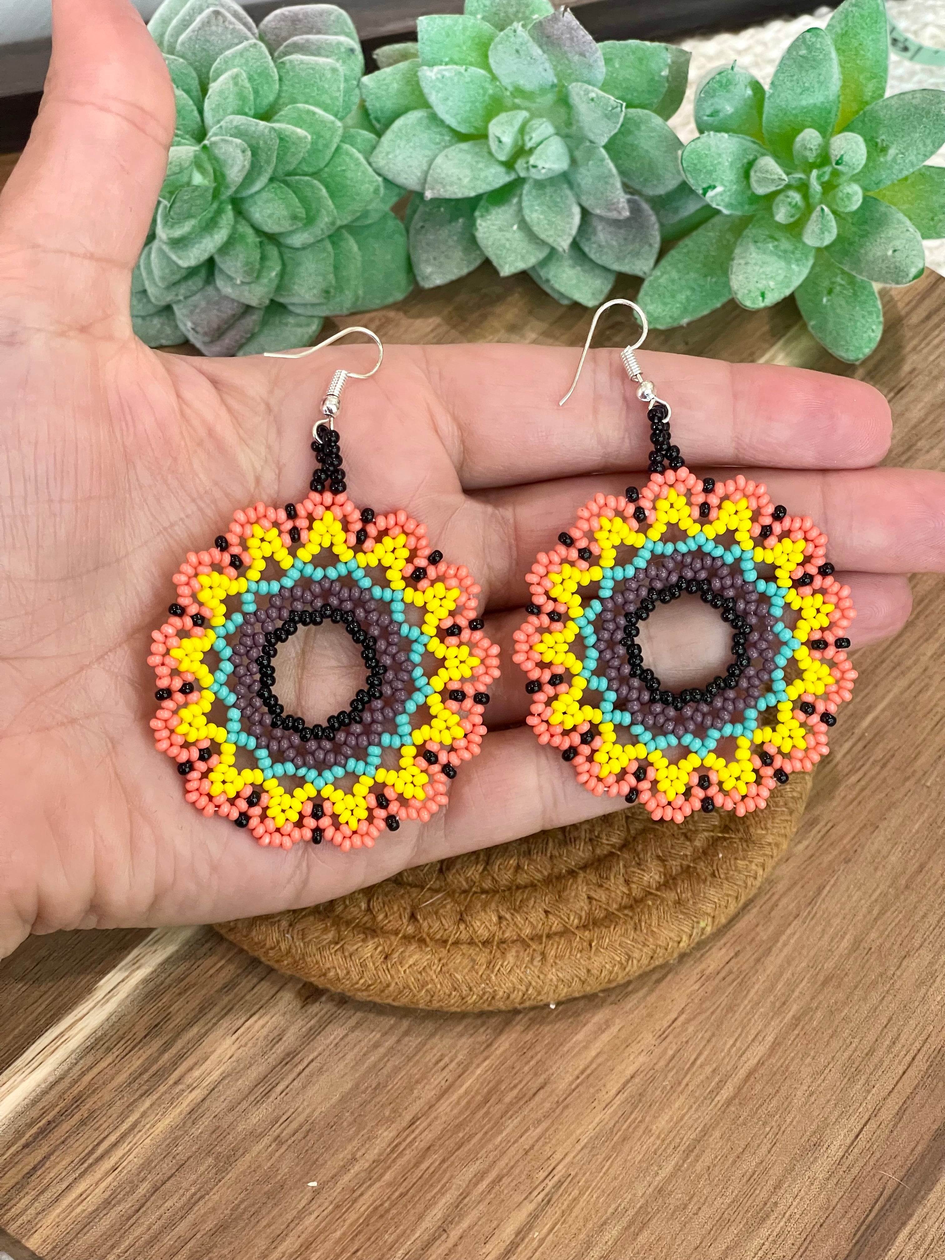 Handmade In Mexico Sterling Silver  , Multi Color Dangle Beaded Earrings