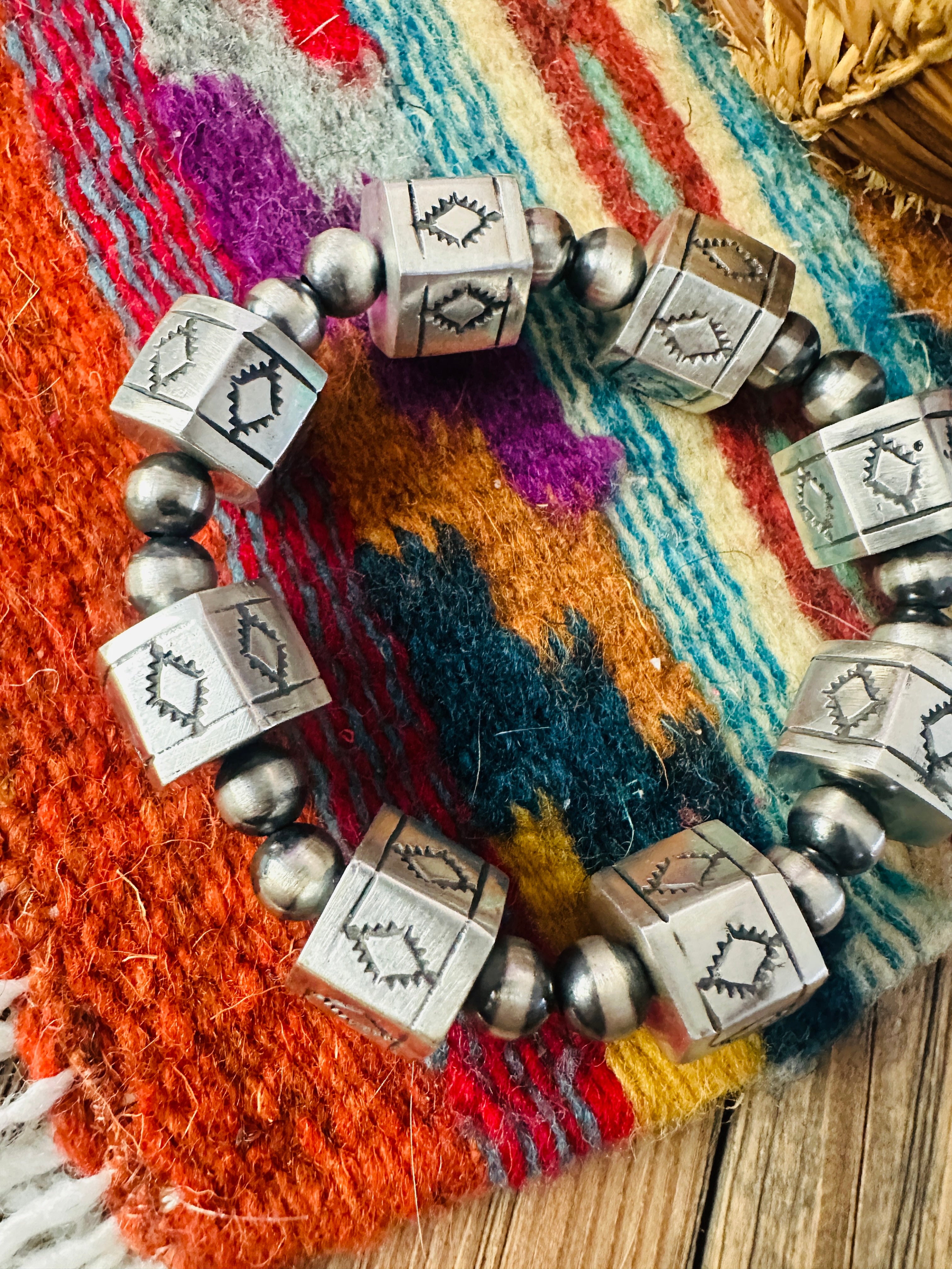 Hand Stamped Sterling Silver Pearl Beaded Stretch Bracelet