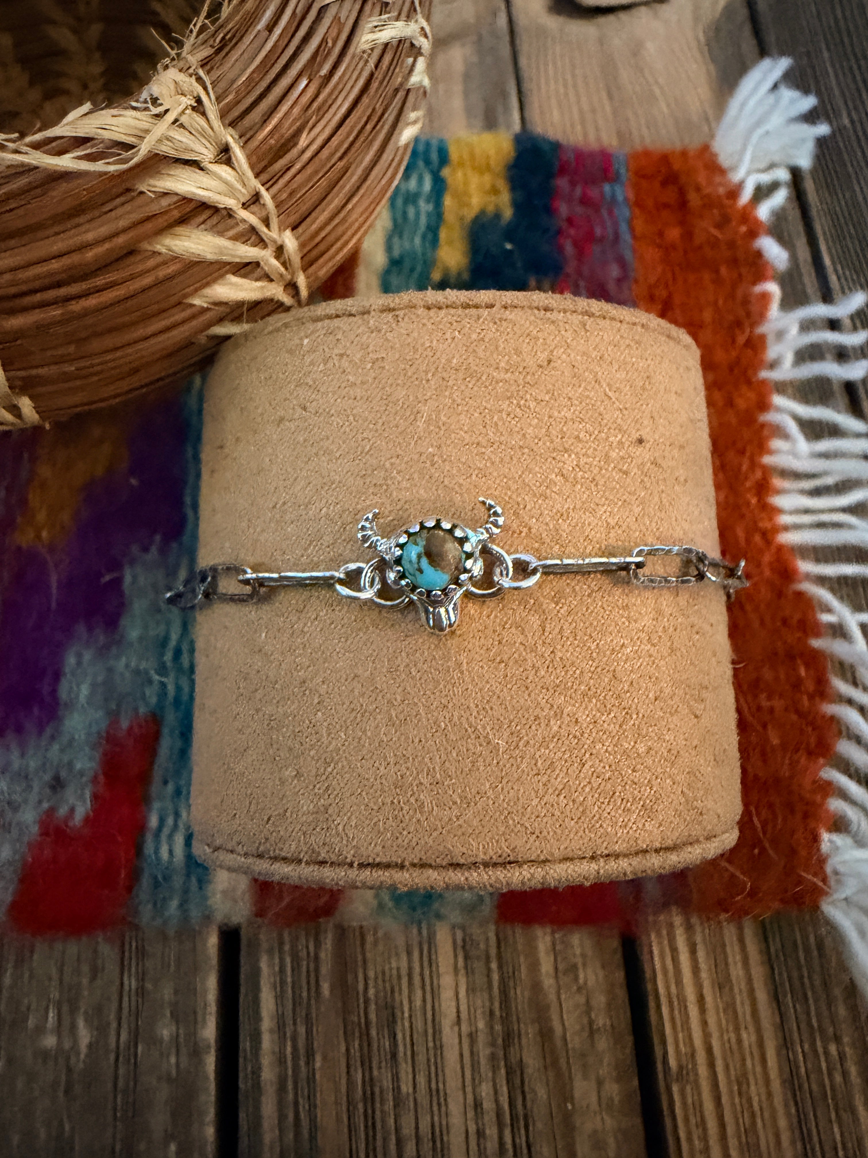 Handmade Sterling Silver and Turquoise Bullhead Link Bracelet