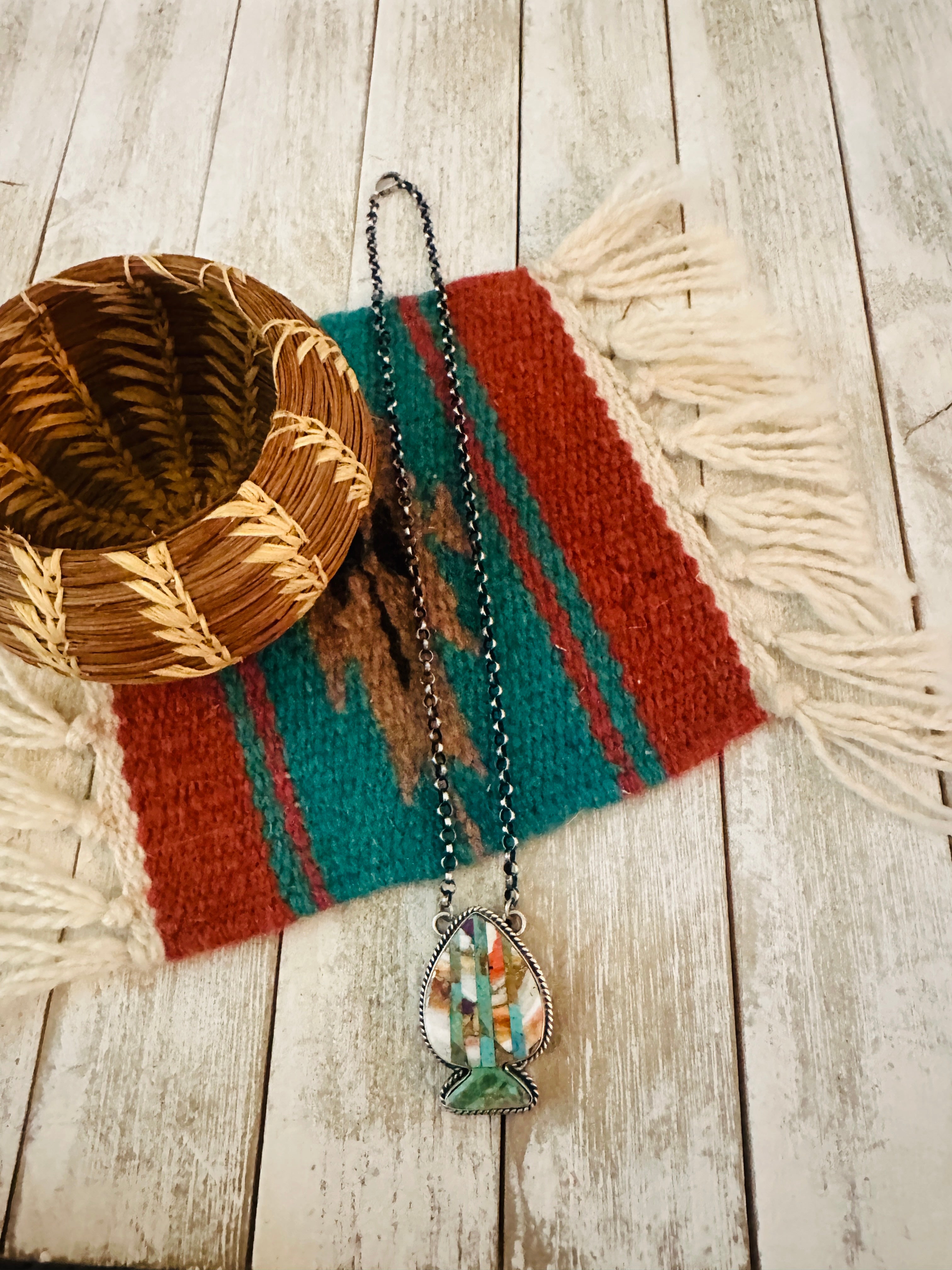 Navajo Sterling Silver & Multi Stone Inlay Spade Necklace